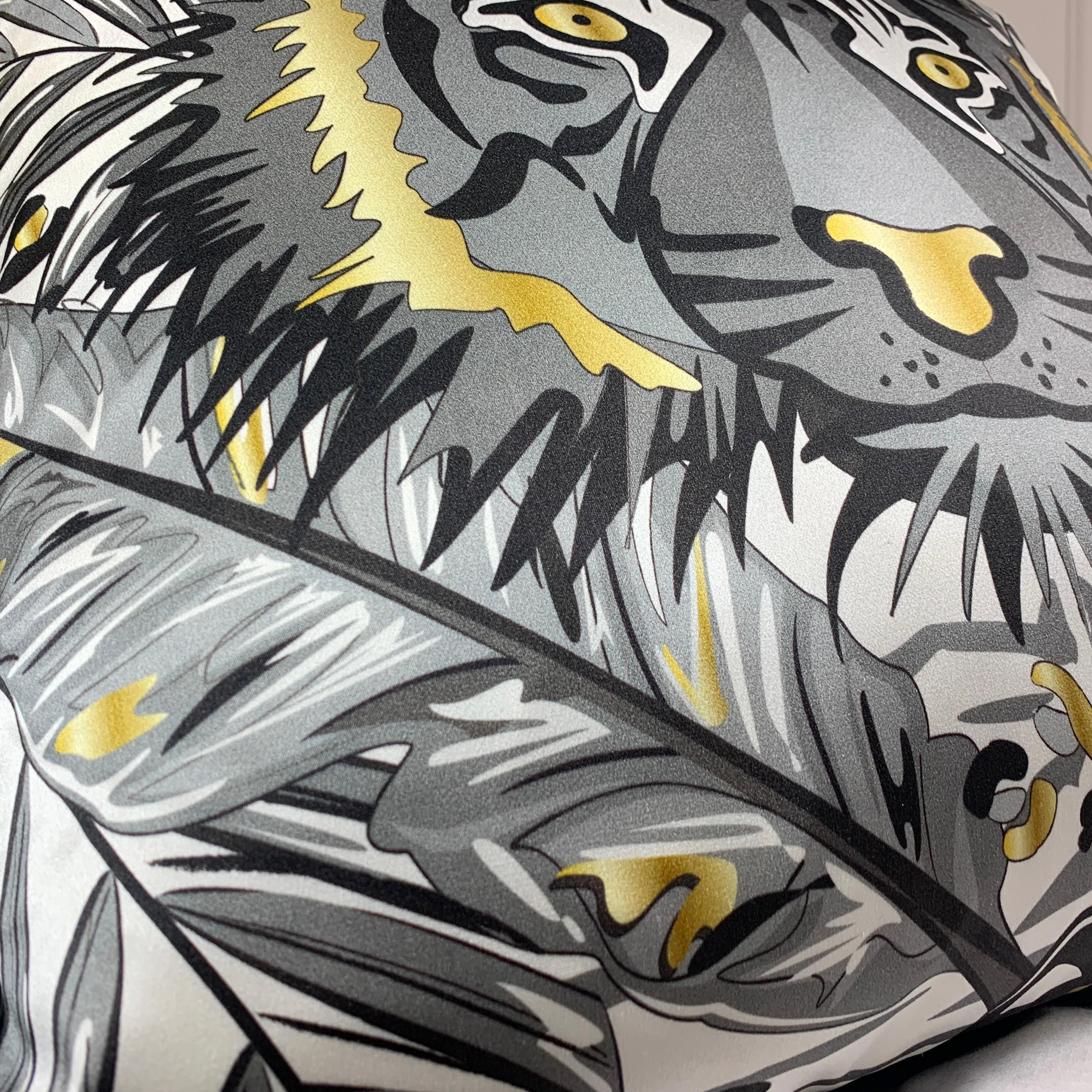 Tiger Luxury Silk Pillow Monochrome and Gold, The Tropics Collection For Sale 6