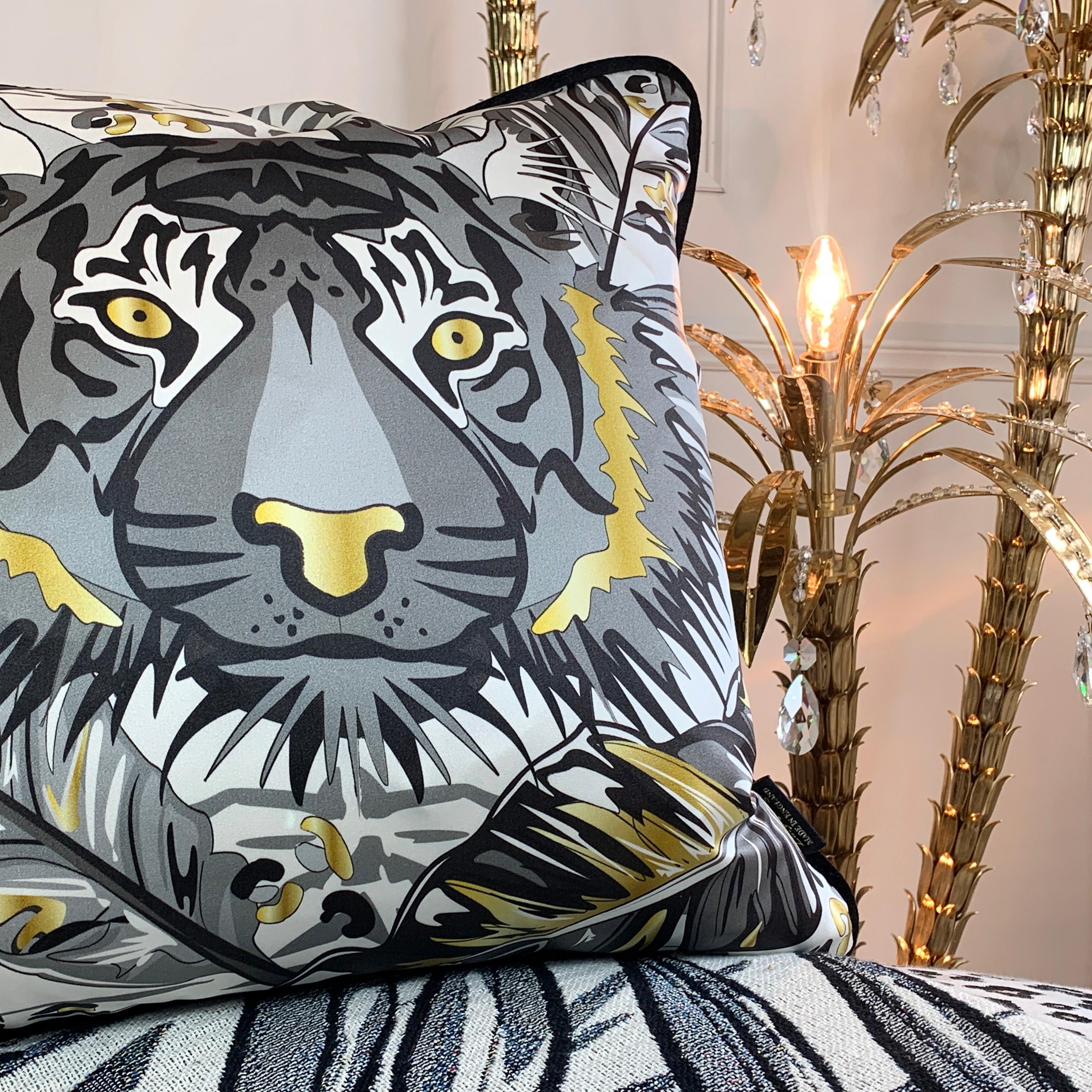 Modern Tiger Luxury Silk Pillow Monochrome and Gold, The Tropics Collection  For Sale