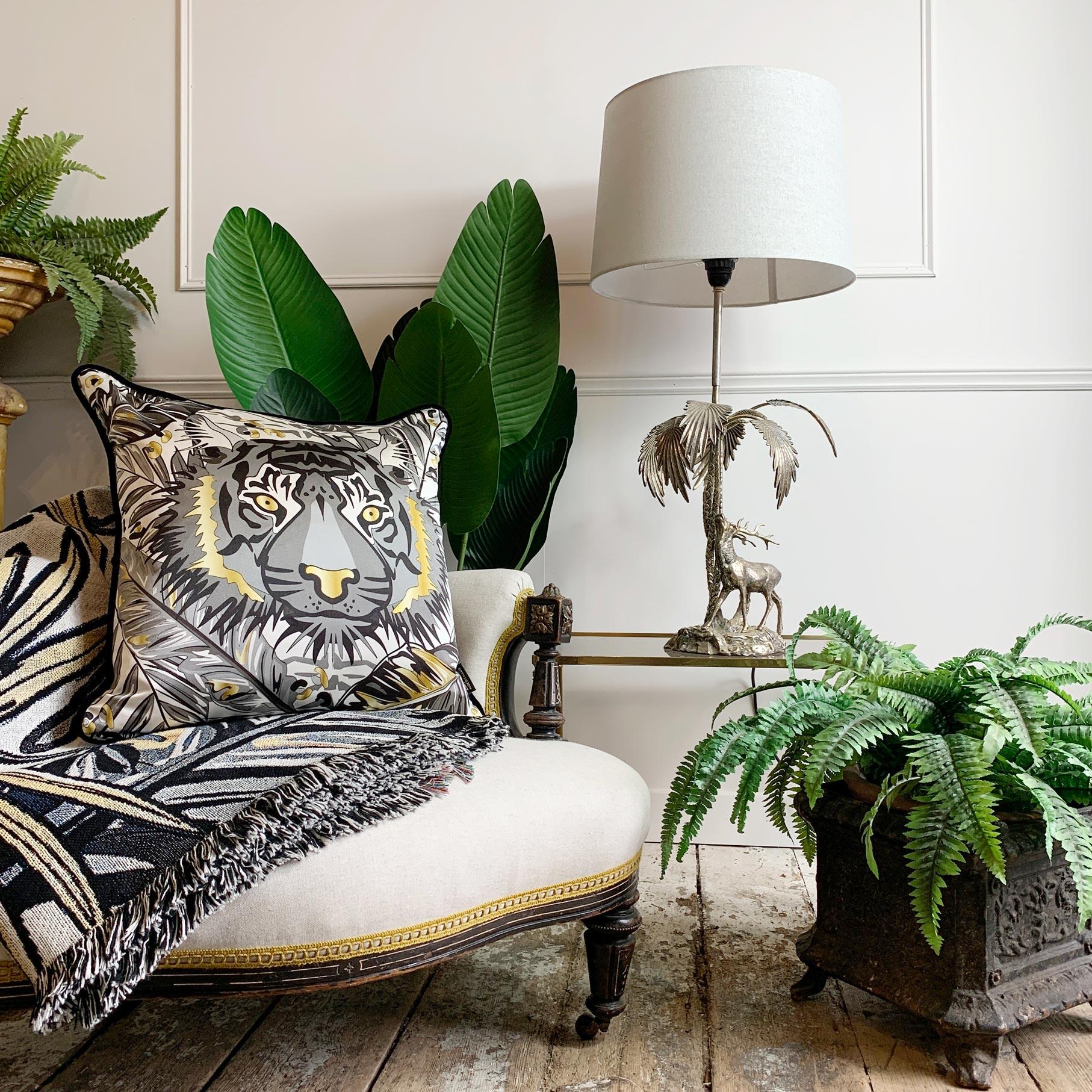 English Tiger Luxury Silk Pillow Monochrome and Gold, The Tropics Collection  For Sale
