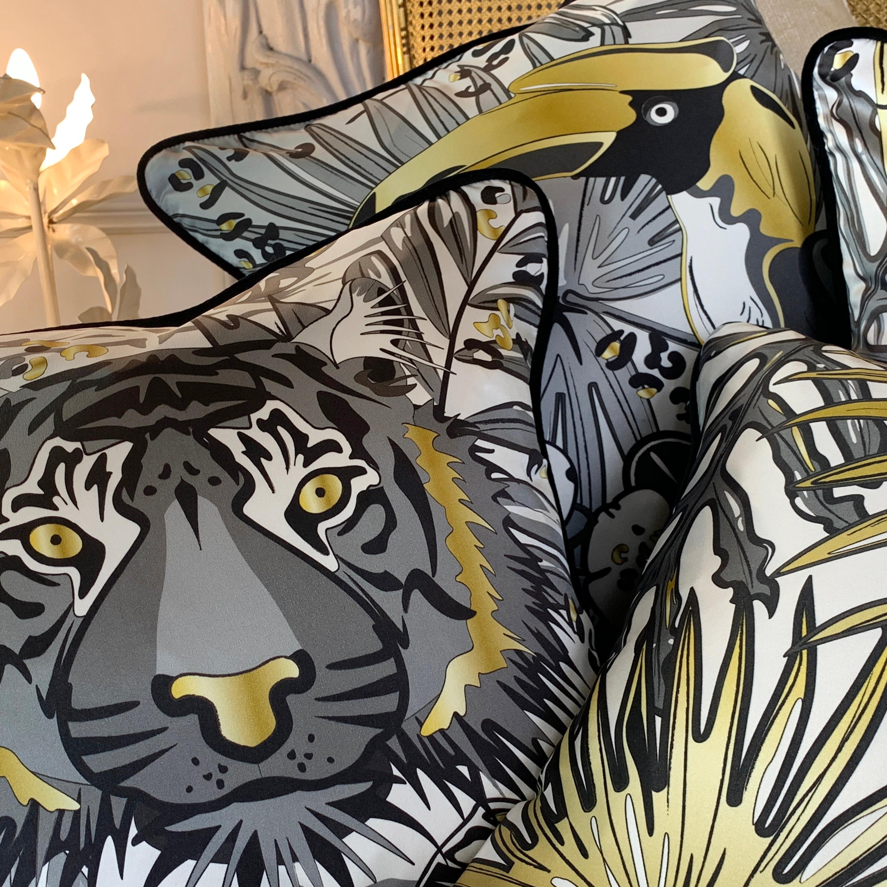 Contemporary Tiger Luxury Silk Pillow Monochrome and Gold, The Tropics Collection  For Sale