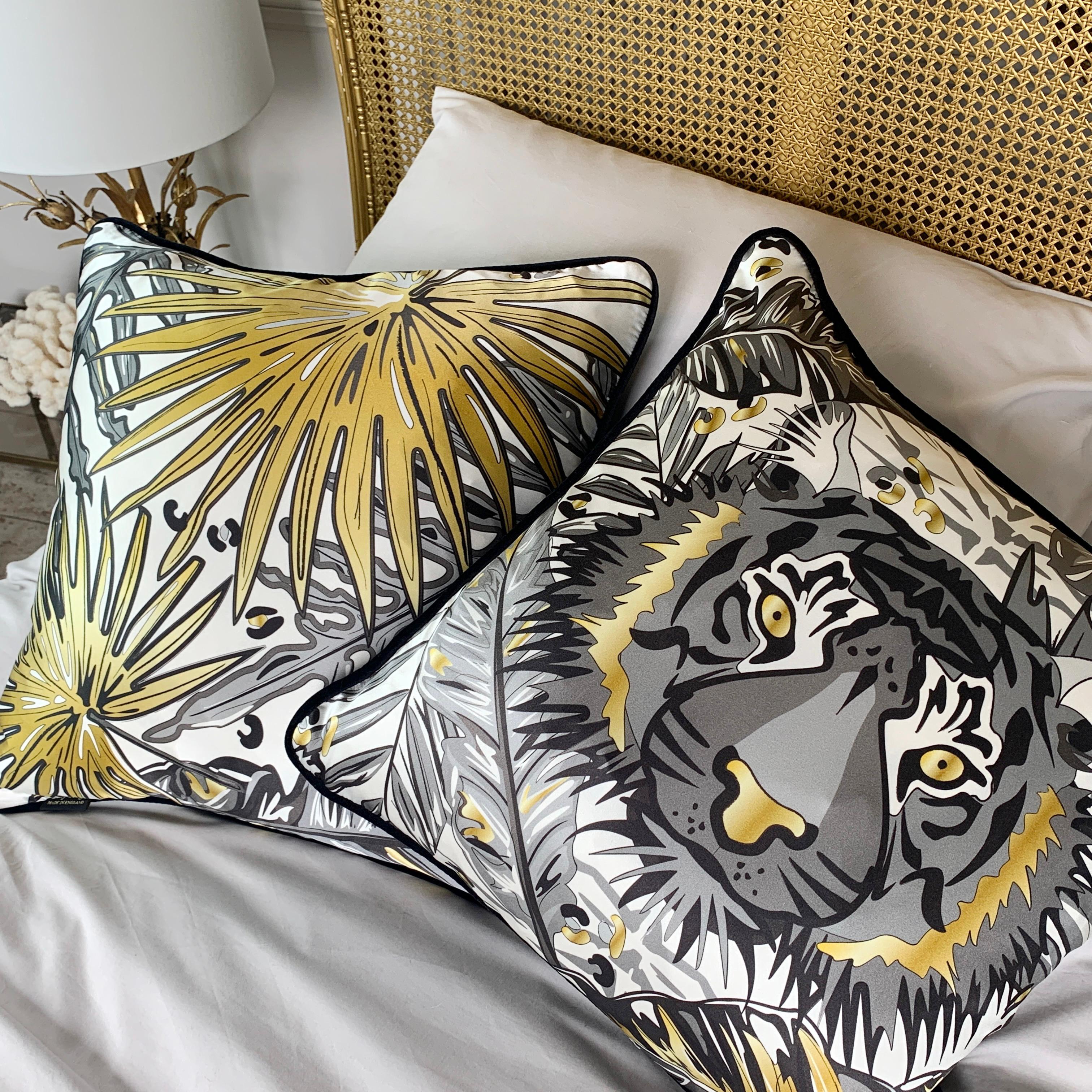 Cotton Tiger Luxury Silk Pillow Monochrome and Gold, The Tropics Collection  For Sale
