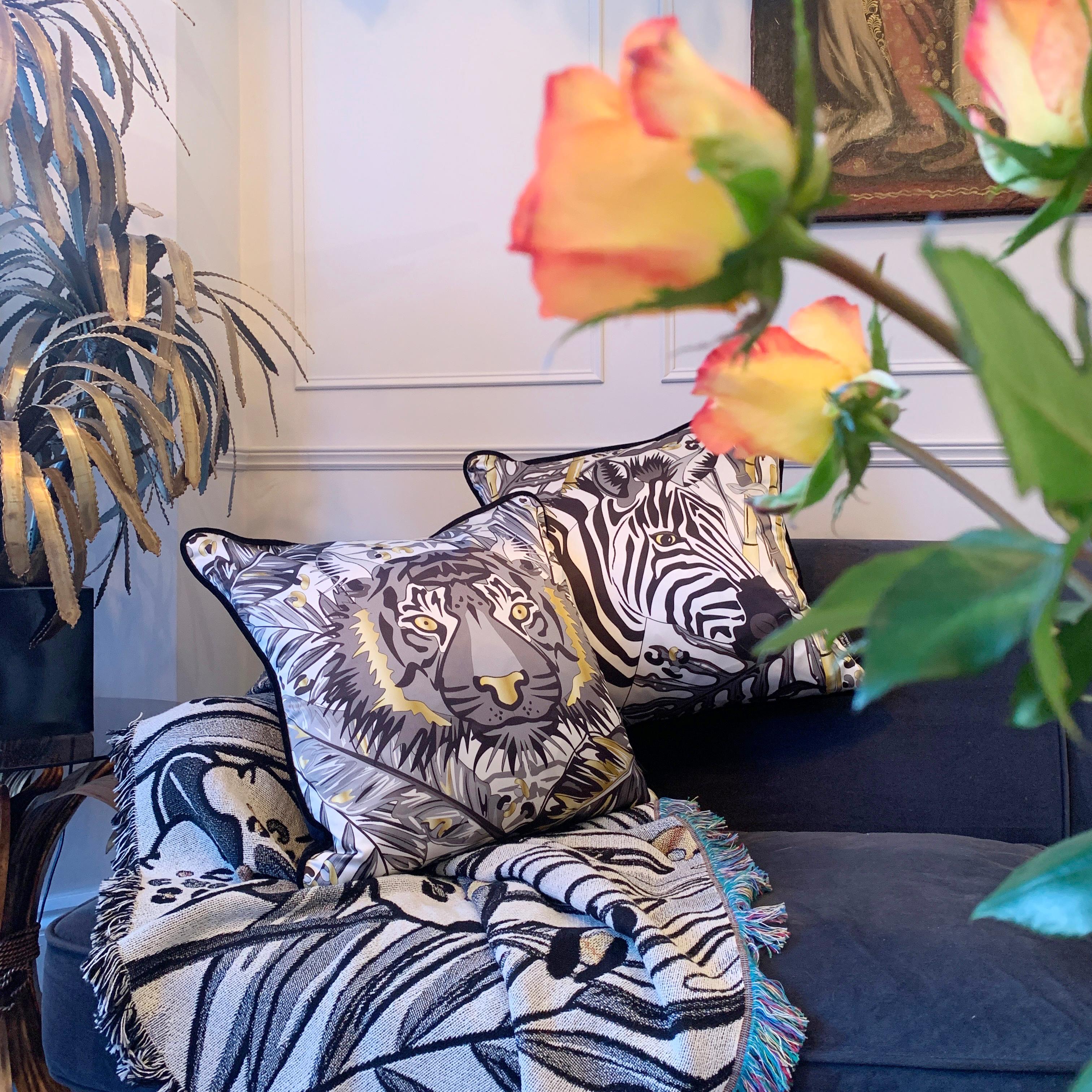 Tiger Luxury Silk Pillow Monochrome and Gold, The Tropics Collection  For Sale 1