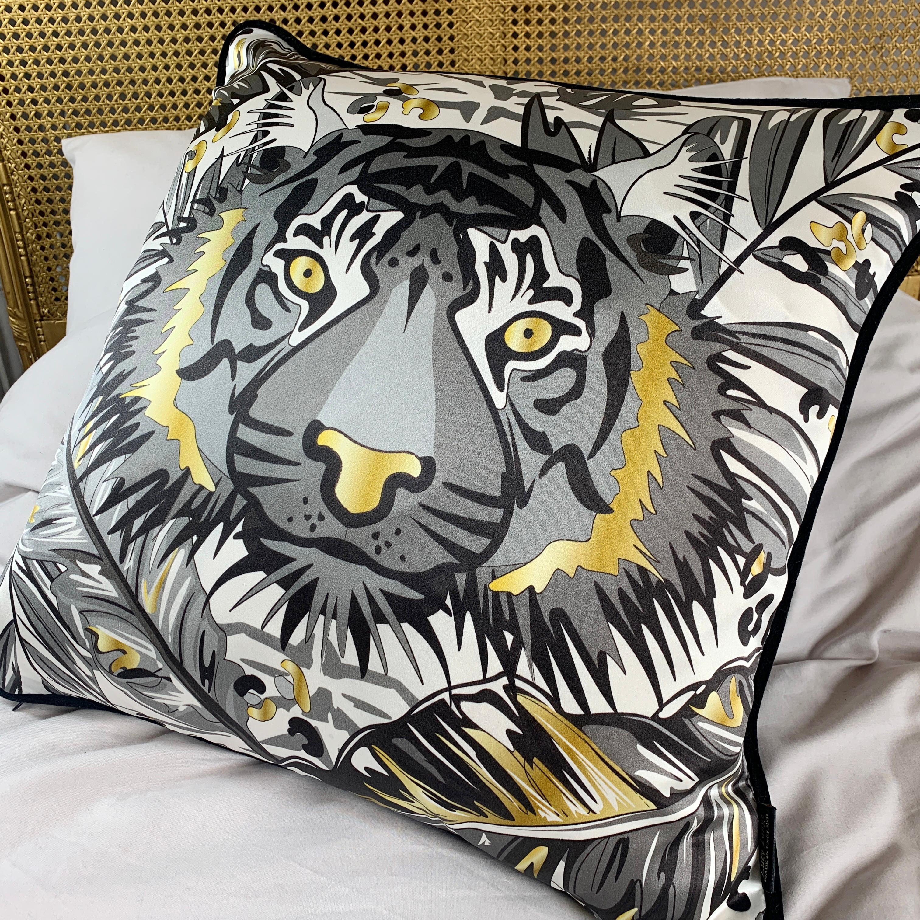 Tiger Luxury Silk Pillow Monochrome and Gold, The Tropics Collection  For Sale 2
