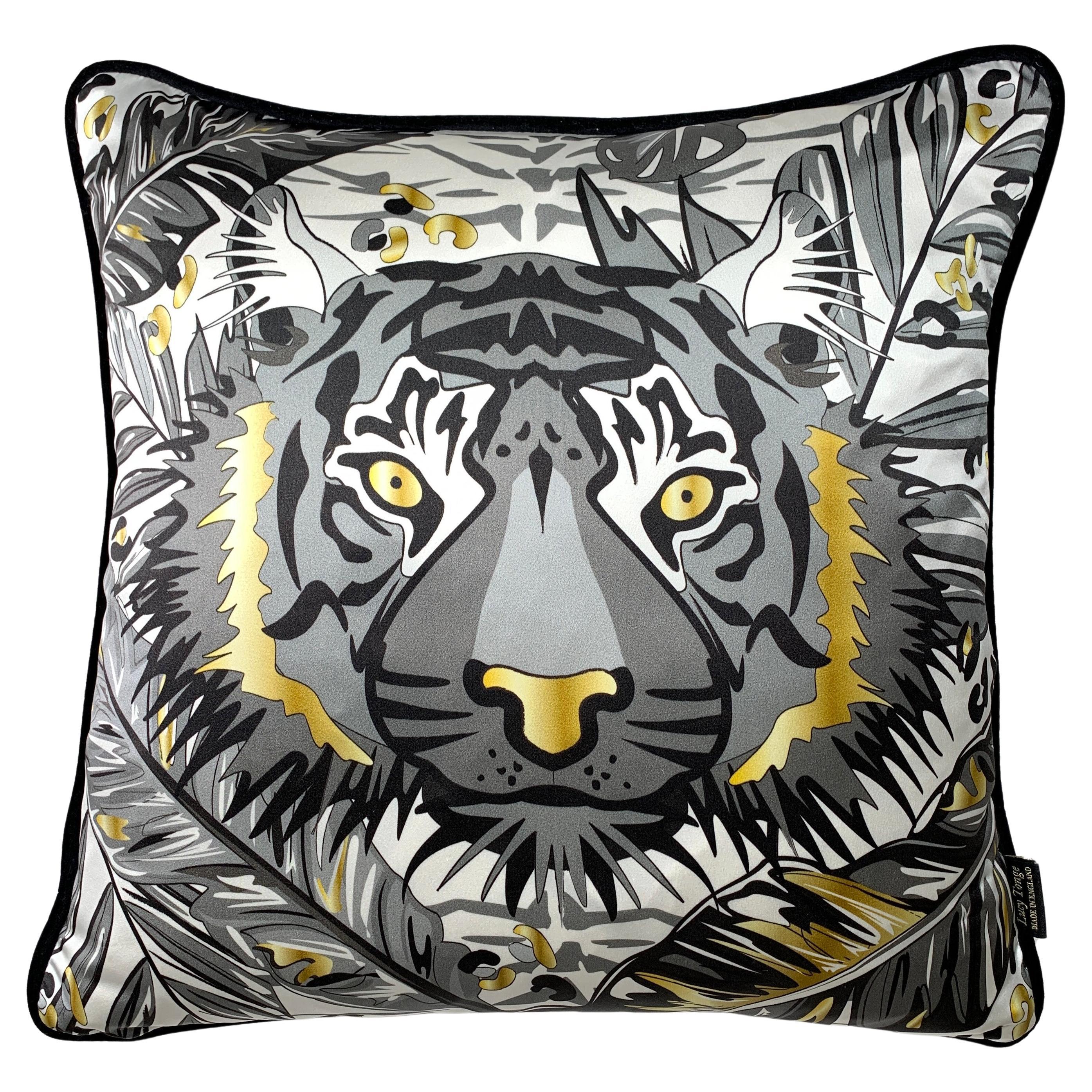 Tiger Luxury Silk Pillow Monochrome and Gold, The Tropics Collection  For Sale