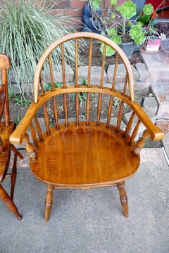 Tiger Maple Five-Piece Spindle Back Settee, Four Antique Windsor Back Chairs