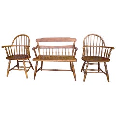 Tiger Maple Five-Piece Spindle Back Settee, Four Antique Windsor Back Chairs