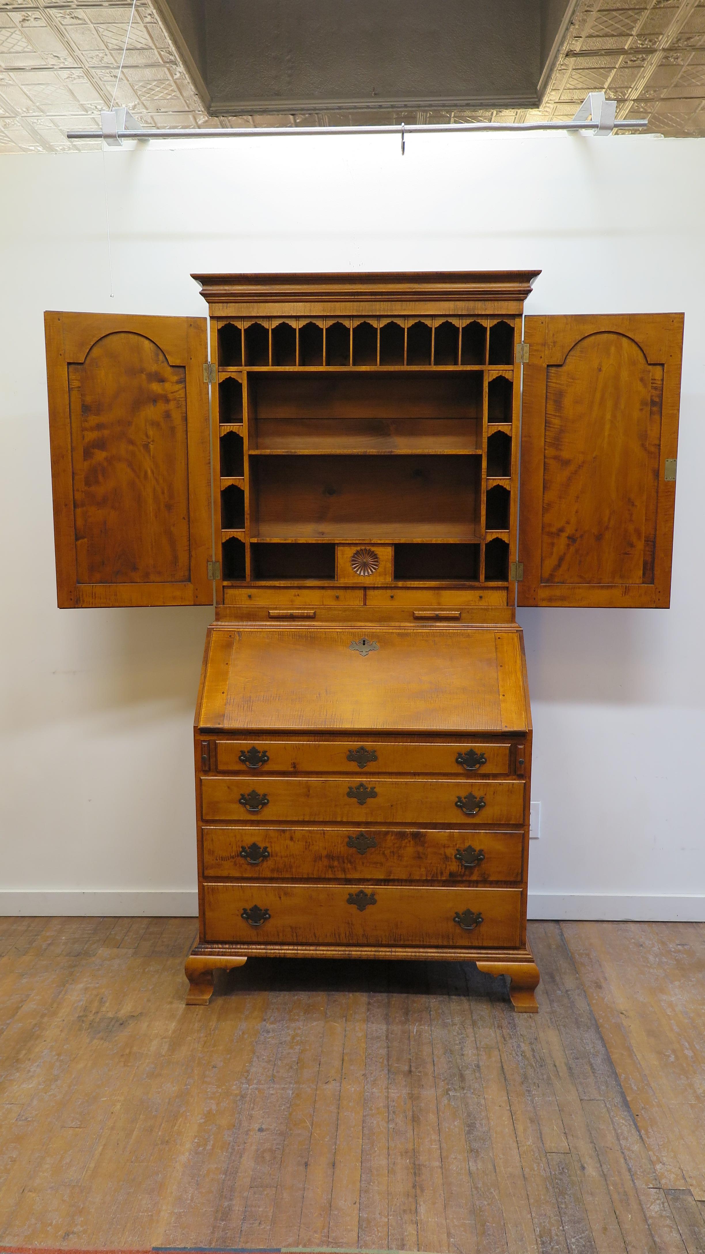 American Tiger Maple Secretary Chippendale Style For Sale