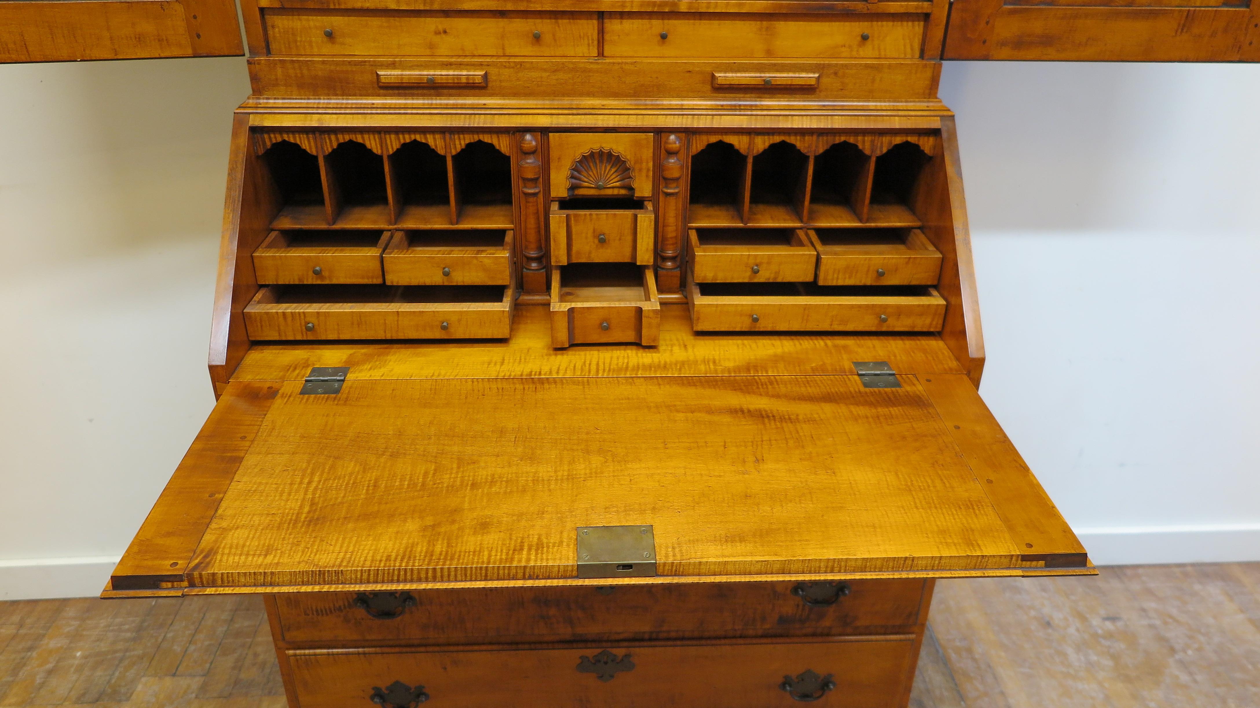 Mid-20th Century Tiger Maple Secretary Chippendale Style For Sale