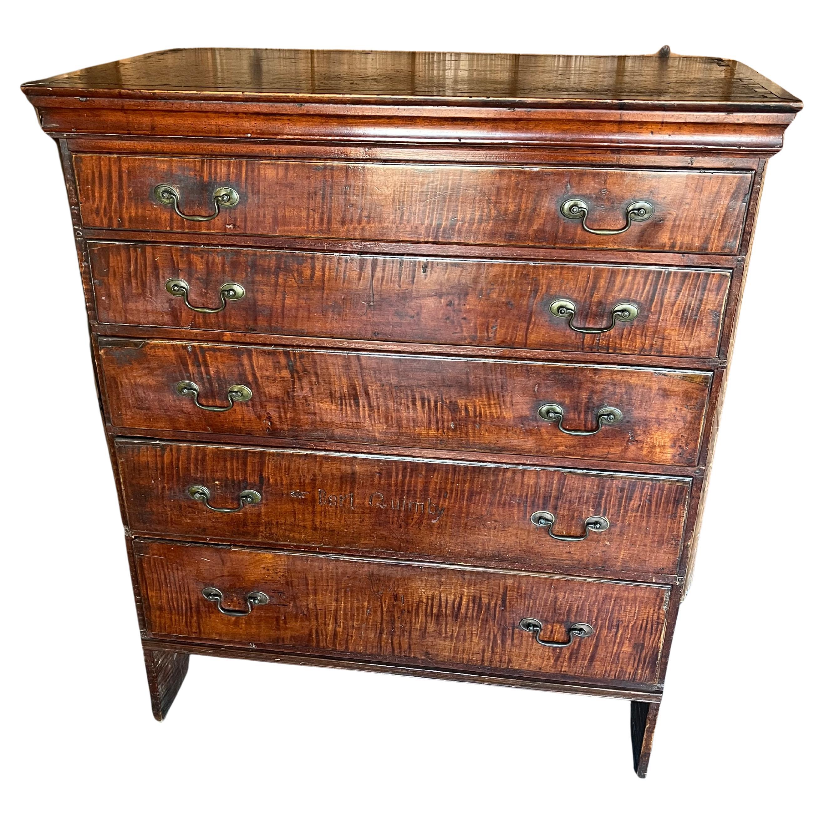 Tiger Maple Tall Chest, American 18th Century For Sale