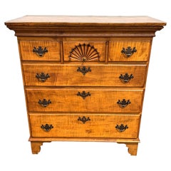 Tiger Maple Tall Chest with Carved Fan on Central Drawer