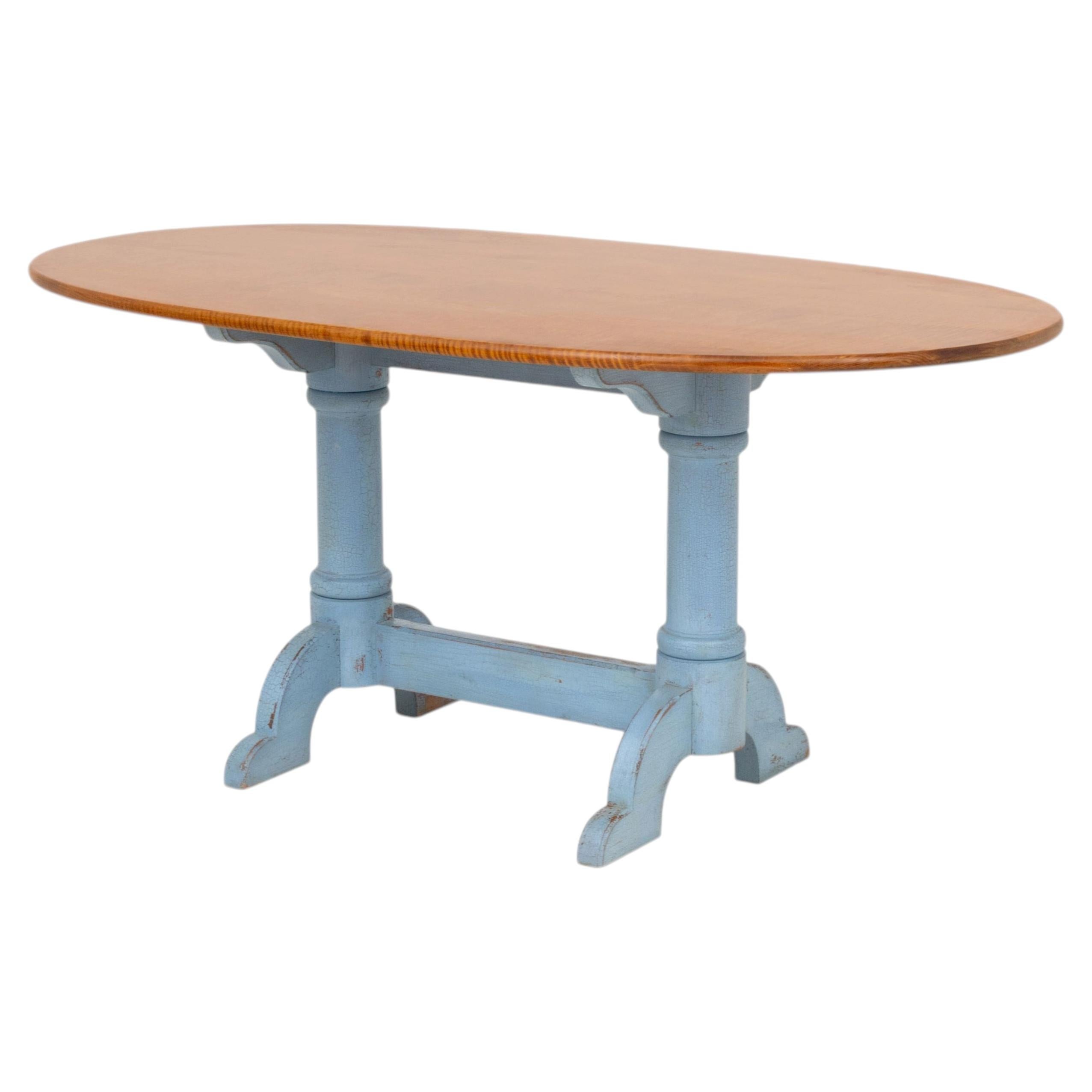 Vintage Tiger Maple Top Blue Painted Dining Table, "Toad Hall" Label For Sale