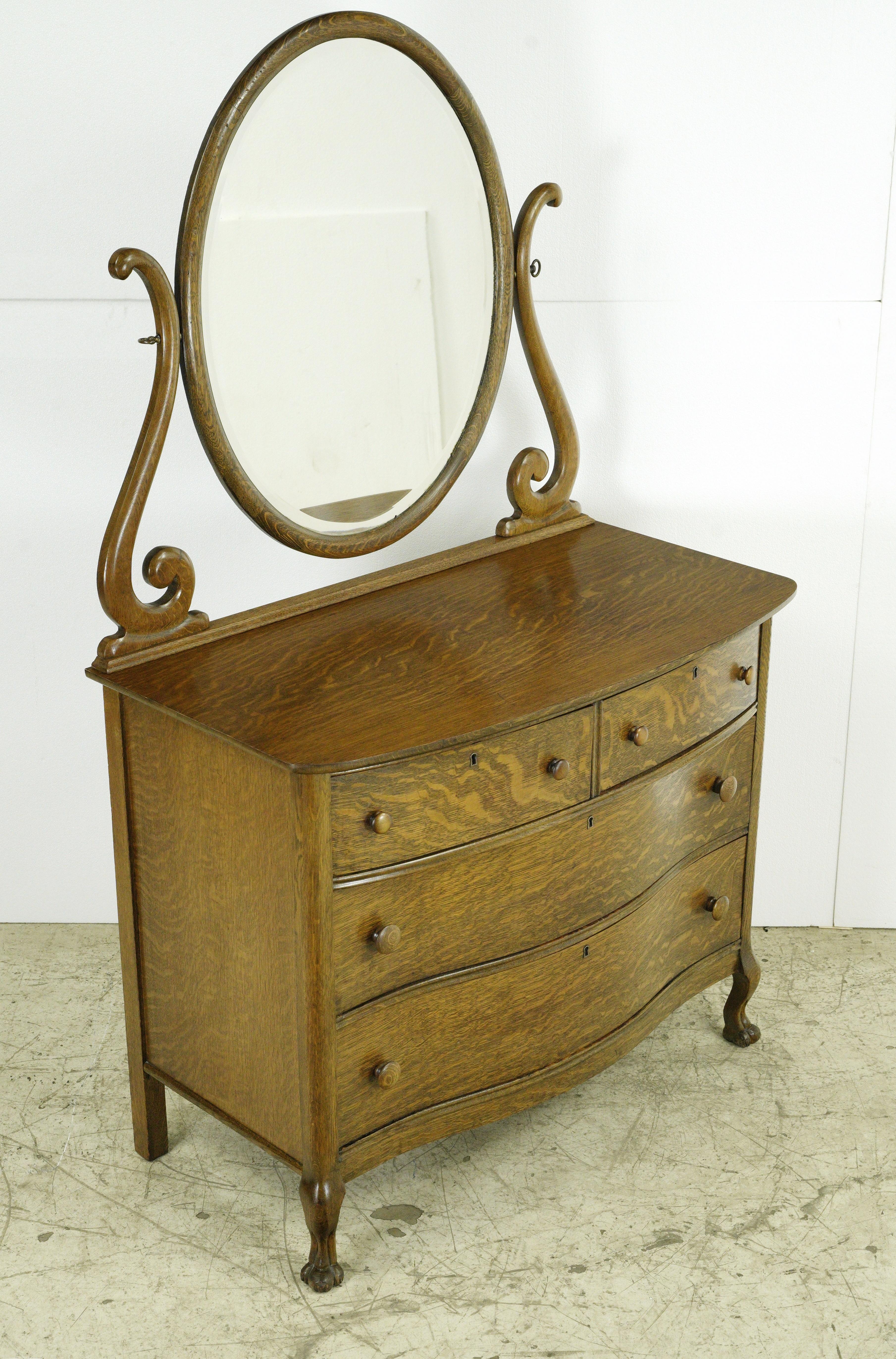 Tiger Oak 4 Drawer Oval Mirror Bedroom Dresser For Sale 5
