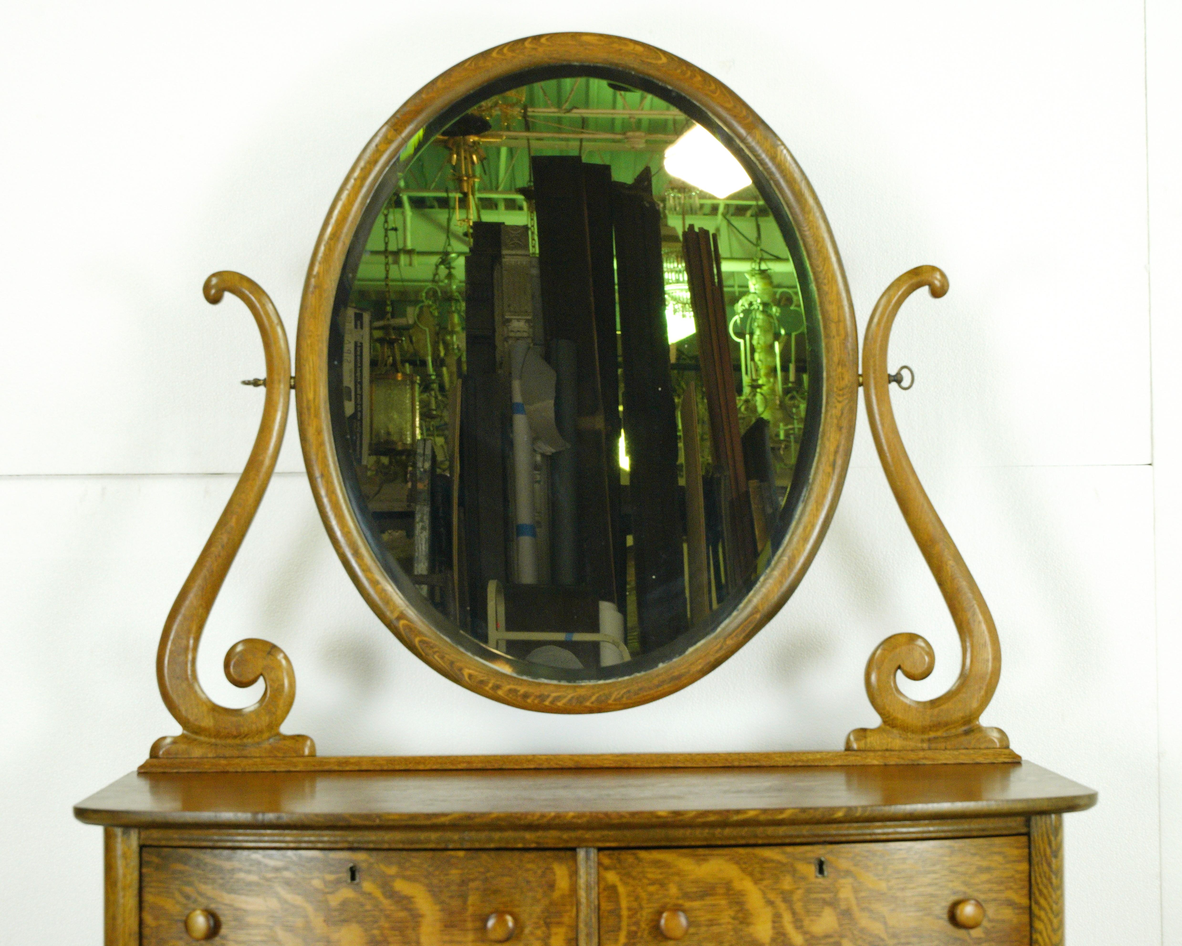 American Tiger Oak 4 Drawer Oval Mirror Bedroom Dresser For Sale