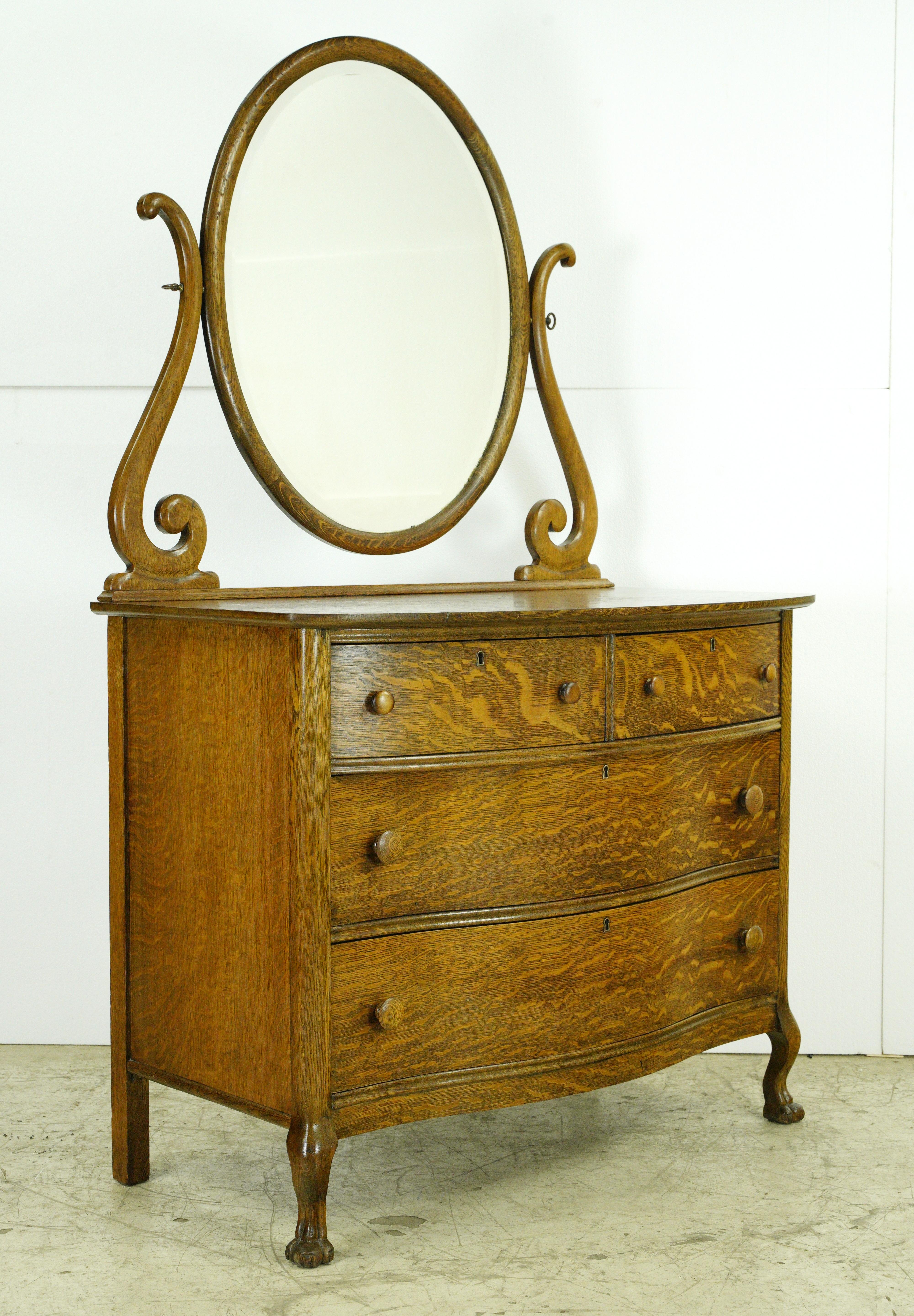 Tiger Oak 4 Drawer Oval Mirror Bedroom Dresser For Sale 1