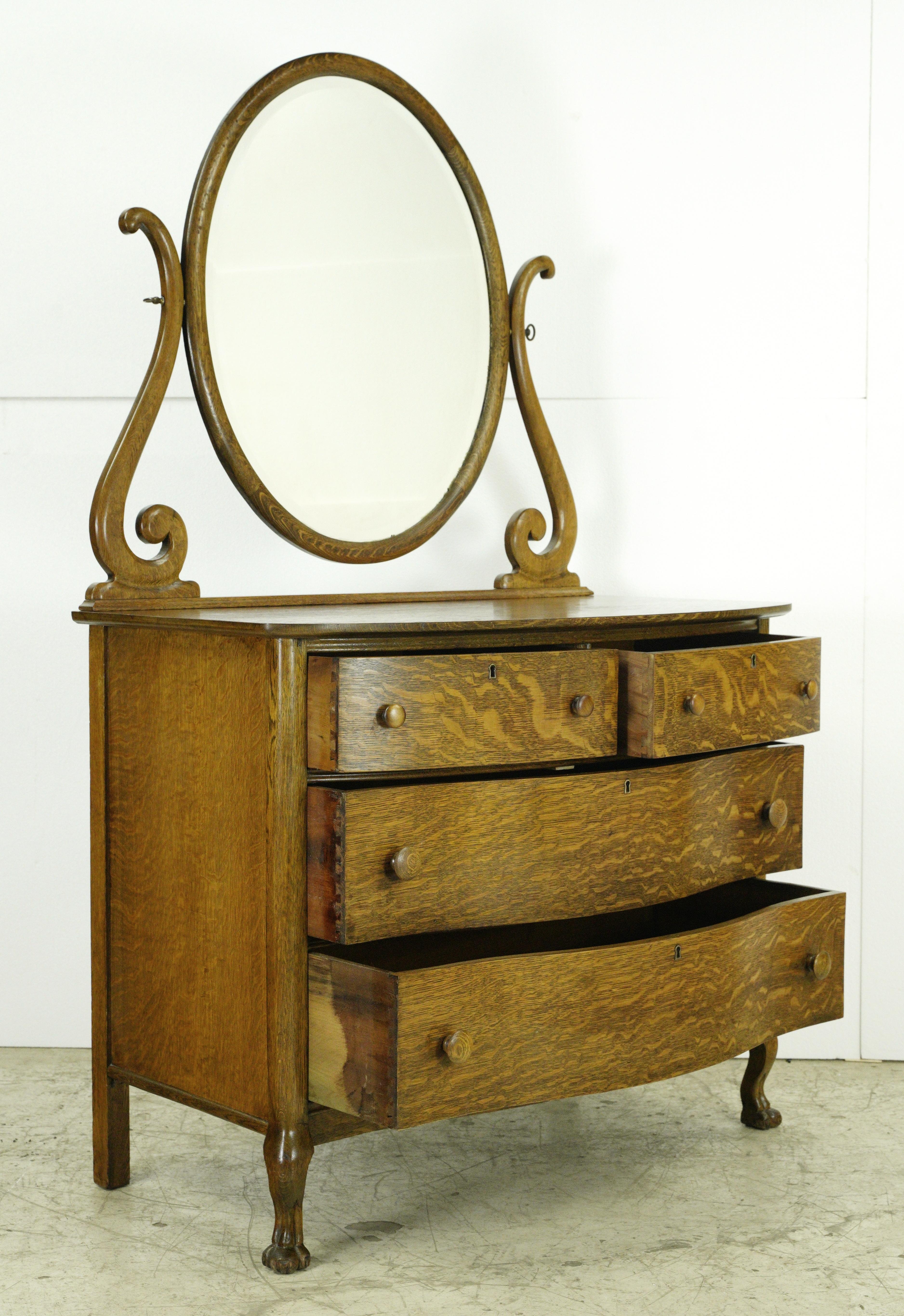 Tiger Oak 4 Drawer Oval Mirror Bedroom Dresser For Sale 2