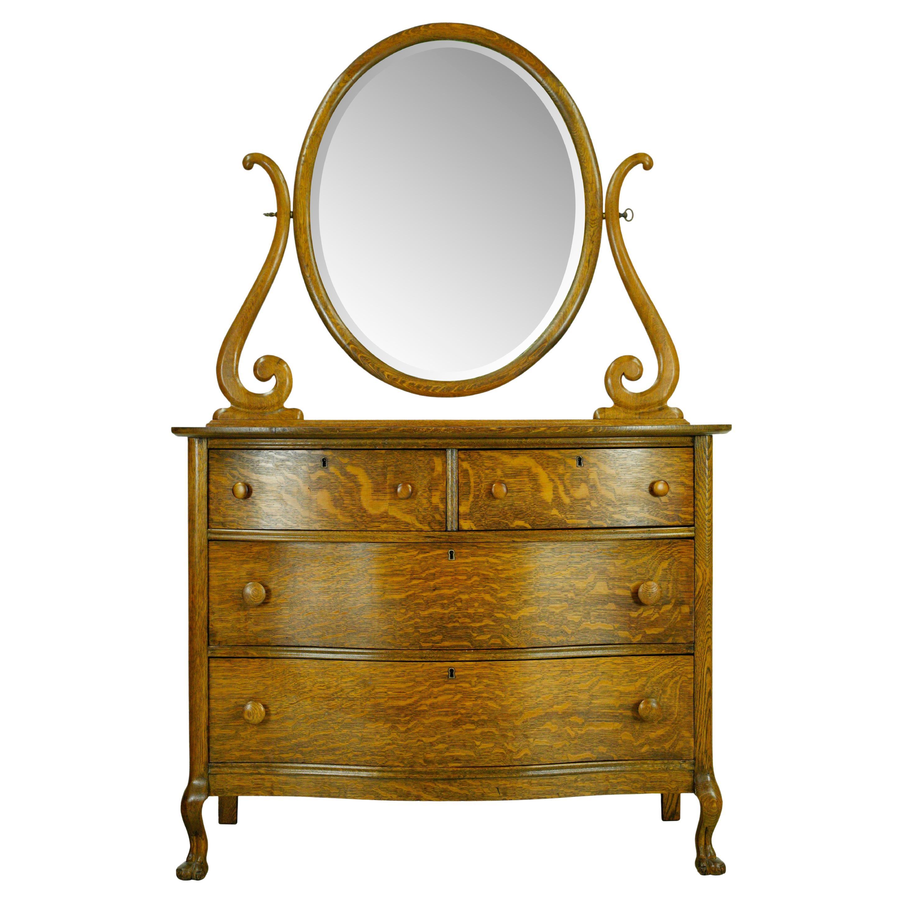 Tiger Oak 4 Drawer Oval Mirror Bedroom Dresser For Sale