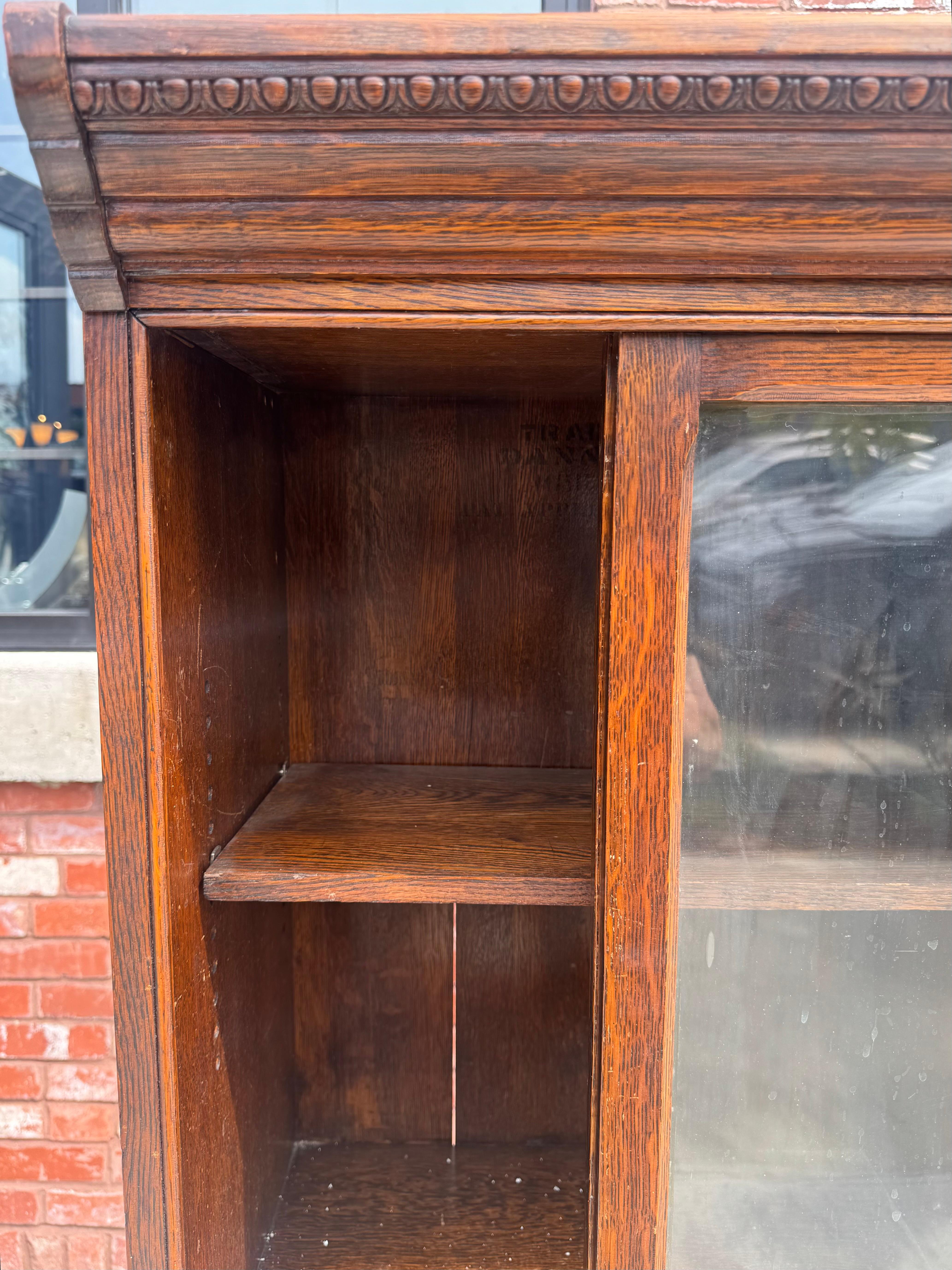 Industrial Tiger Oak Bookcase with Sliding Doors in Style of Globe Wernicke, Ca 1900s For Sale