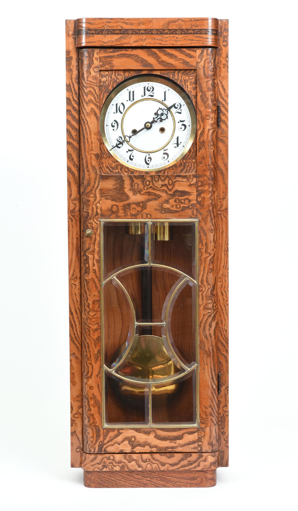 Tiger Oak Case Beveled Glass Trimmed Brass Wall Clock 5