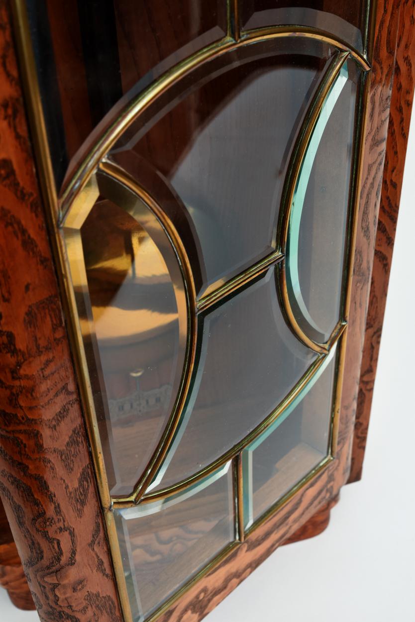 Wood Tiger Oak Case Beveled Glass Trimmed Brass Wall Clock