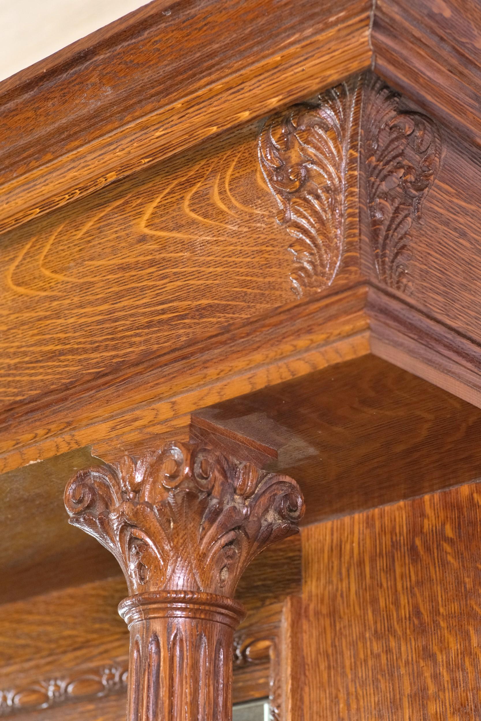 Tiger Oak Mirrored Fireplace Mantel w/ Fluted Columns and Egg & Dart Details 4