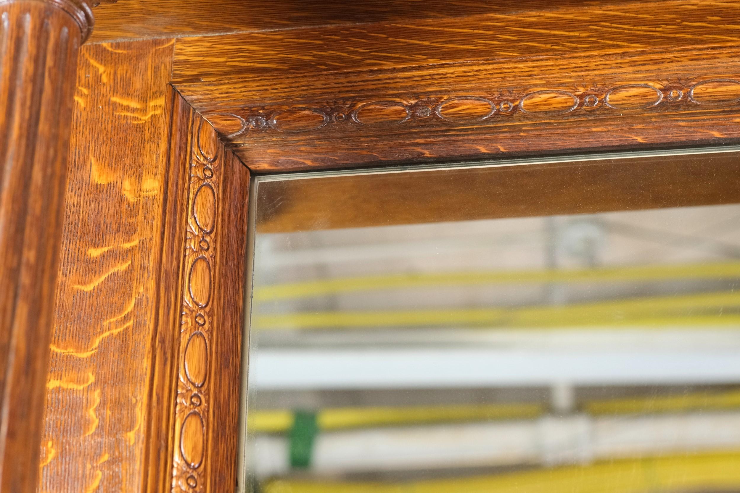 Tiger Oak Mirrored Fireplace Mantel w/ Fluted Columns and Egg & Dart Details 8