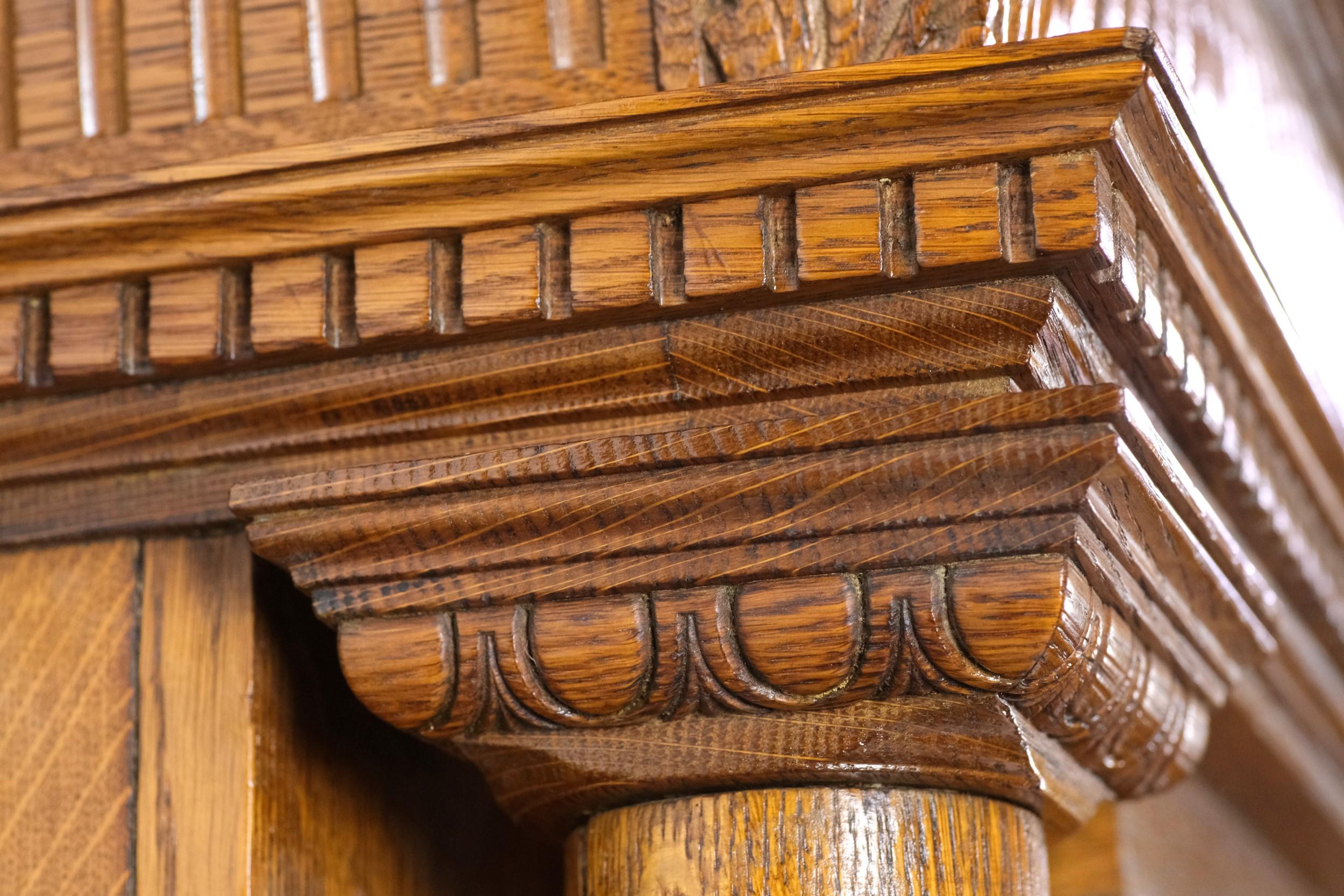 Tiger Oak Mirrored Fireplace Mantel w/ Fluted Columns and Egg & Dart Details 1