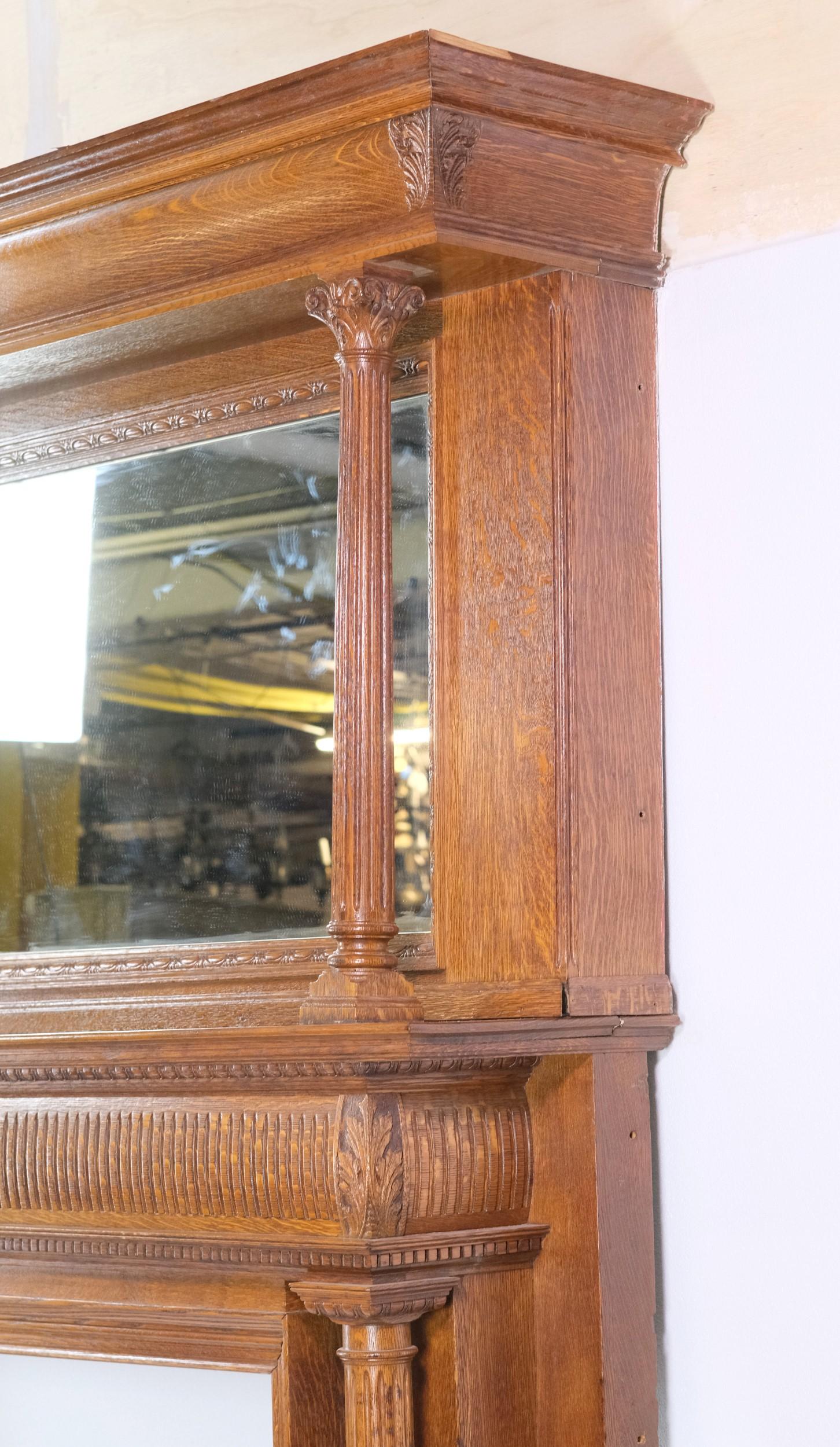 Tiger Oak Mirrored Fireplace Mantel w/ Fluted Columns and Egg & Dart Details 2