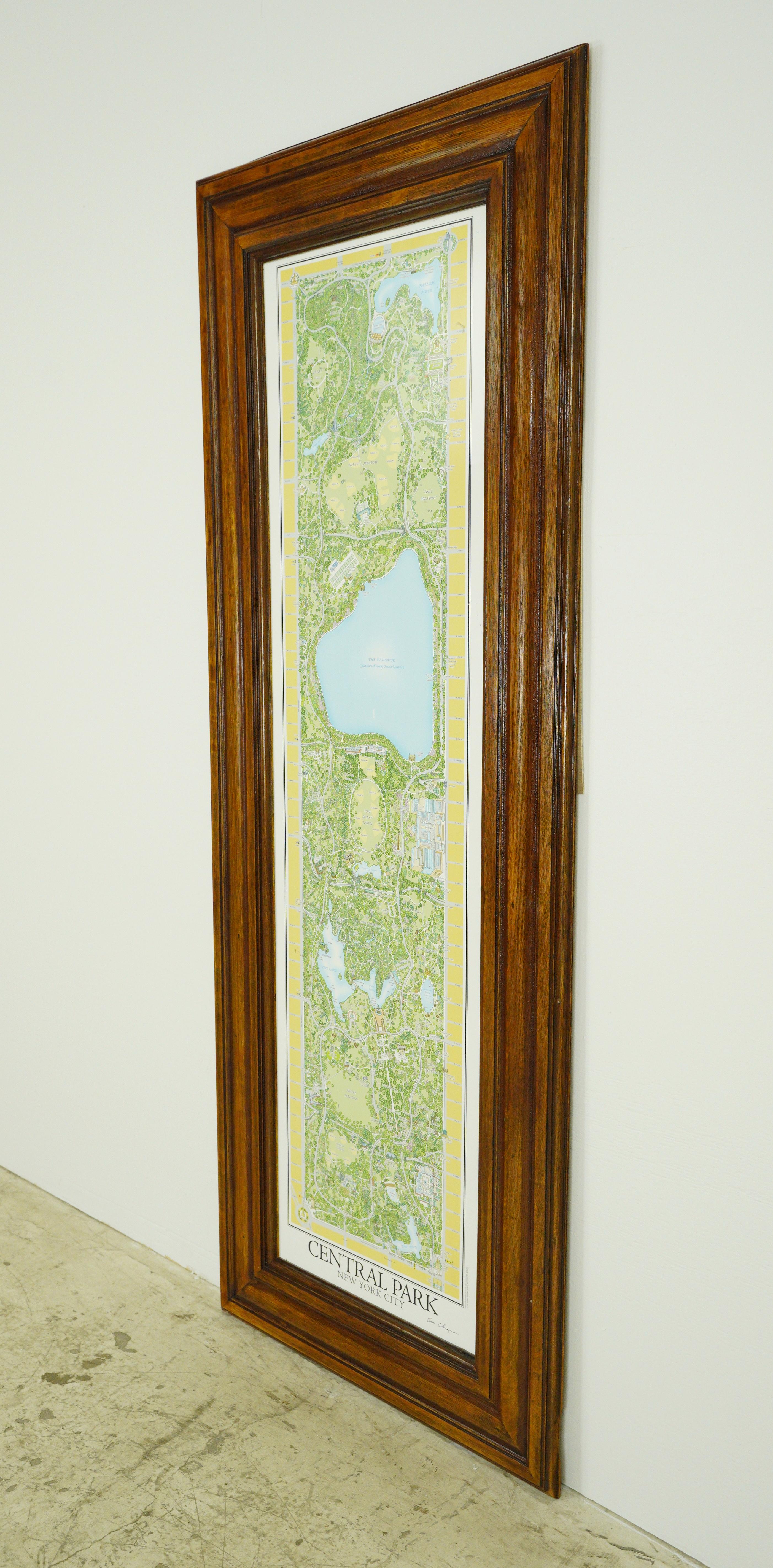 This piece was handcrafted in our Scranton, PA, mirror shop using reclaimed tiger oak molding and a vintage Central Park print from 2011. The print is a second edition print made by Ken Chaya. The print was made to illustrate all tree species in the