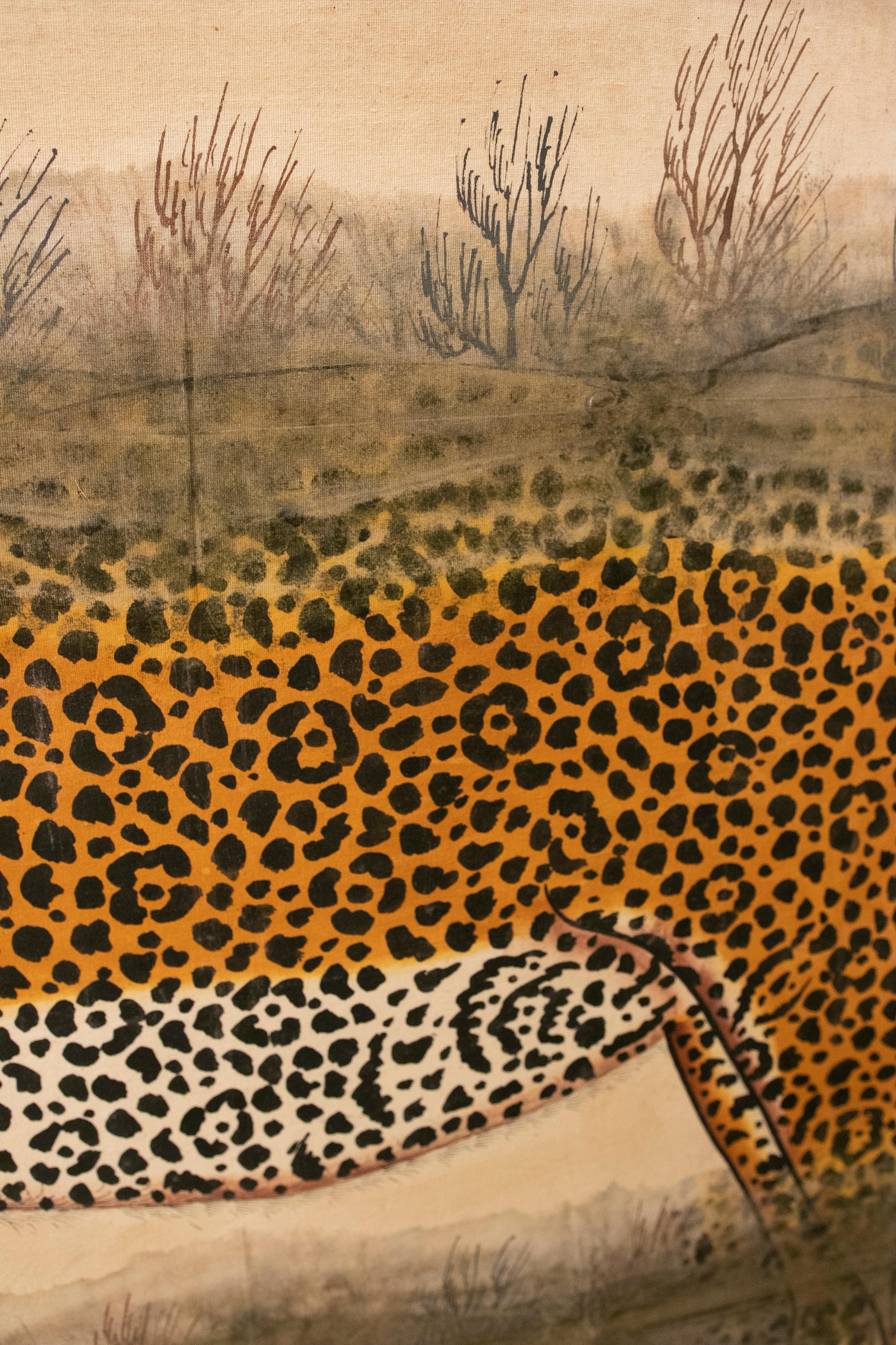 20th Century Tiger Painting Designed by Jaime Parlade, Painted on Canvas with a Bamboo Frame