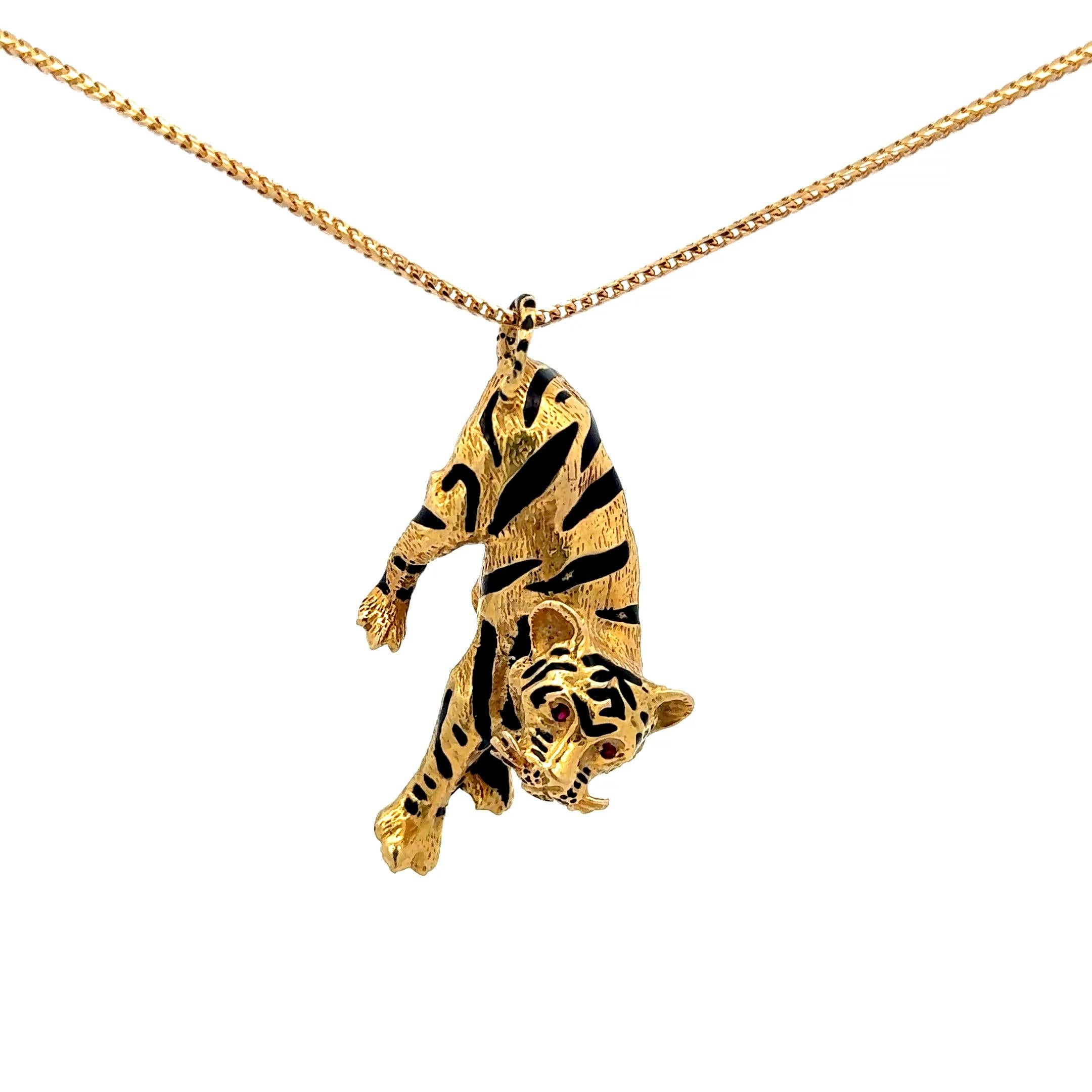 Tiger Pendant Necklace in 18K Yellow Gold and Black Enamel. The pendant approximately measures 2