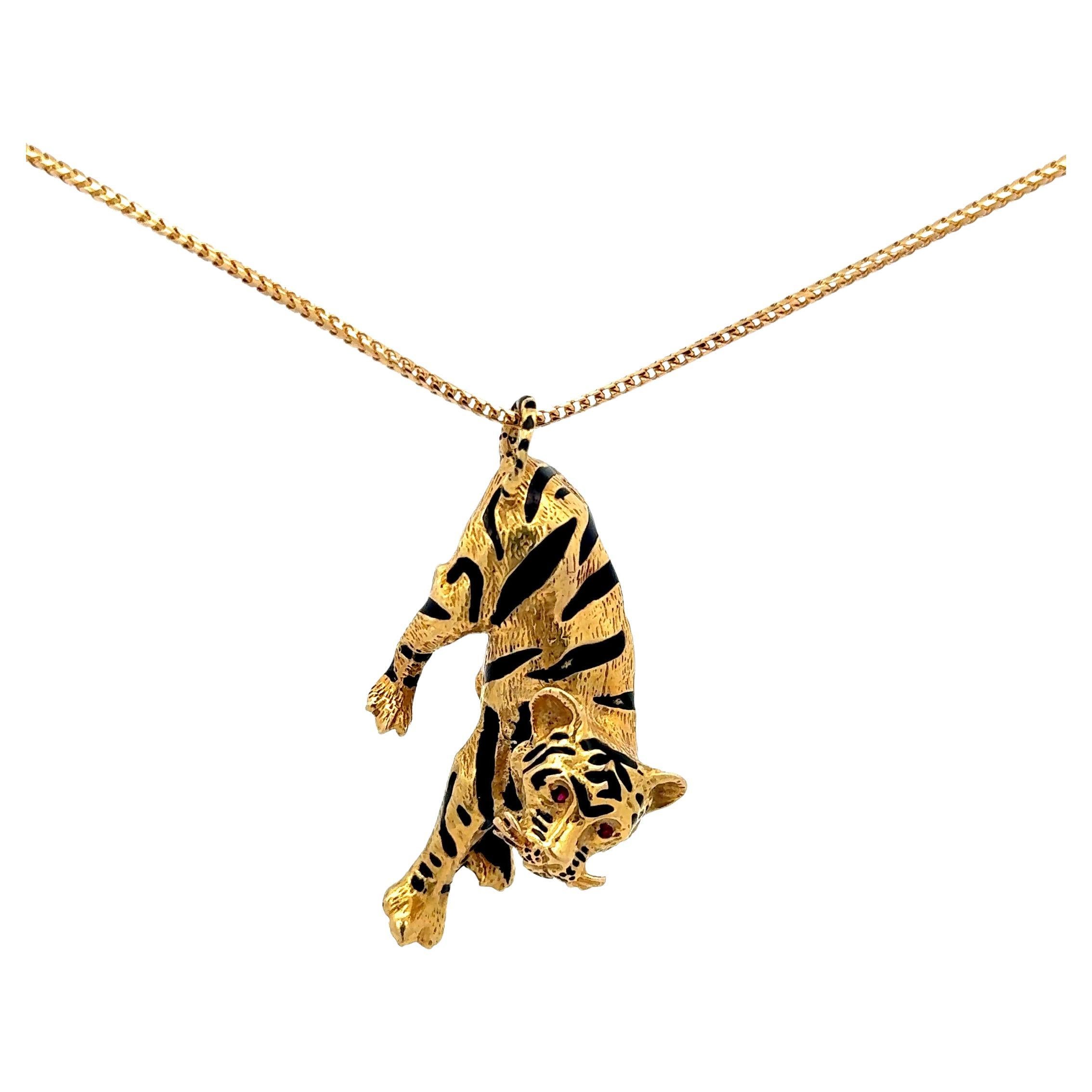 Tiger Pendant Necklace 18K Yellow Gold & Black Enamel For Sale