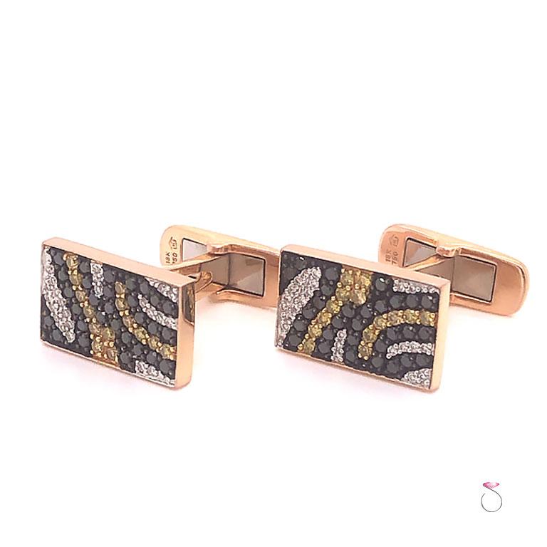 Round Cut Tiger Print Diamond Cufflinks in 18 Karat Rose Gold For Sale