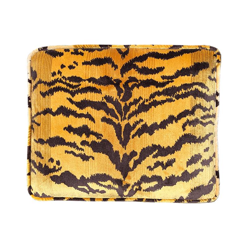 Tiger print Animalia X bench stool with velvet fabric in the style of Scalamandre. The bench is covered in black and orange velvet and features a sturdy comfortable cushion fastened to an X bench base. Legs feature two X bases and crossbar. Entire
