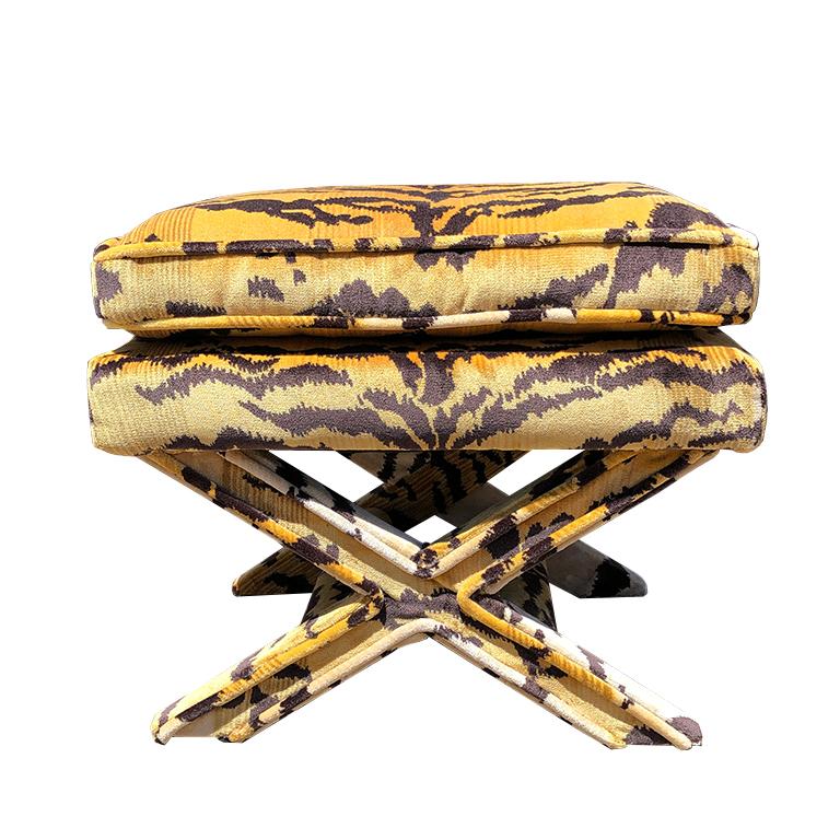 Hollywood Regency Tiger Print X Bench Stool in the Style of Scalamandre tiger and Billy Baldwin 
