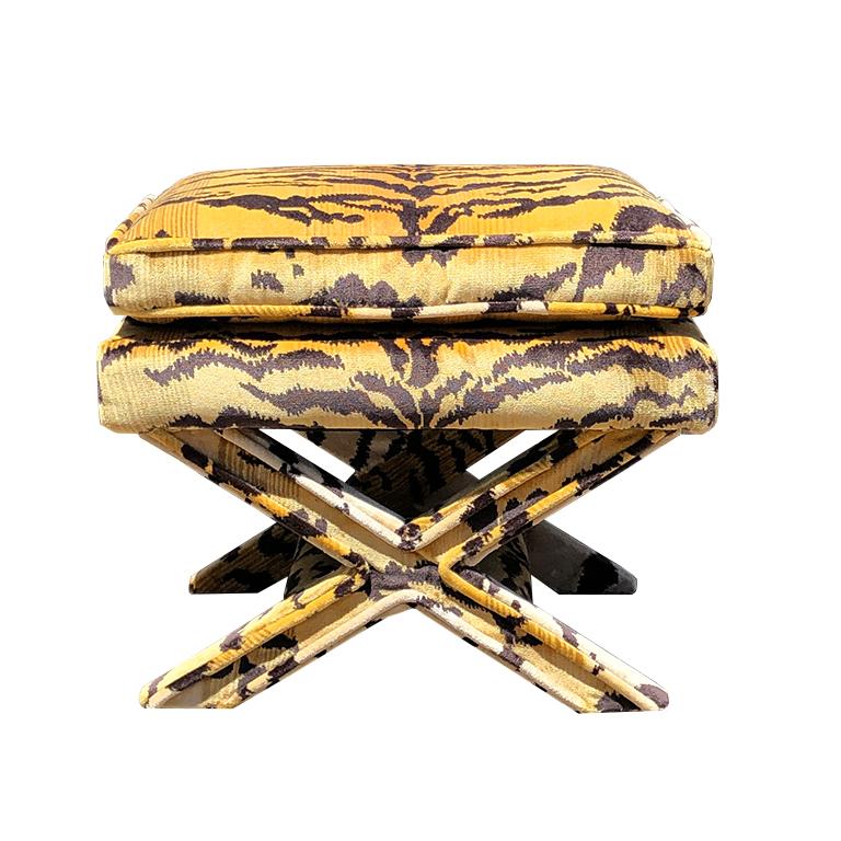 Tiger Print X Bench Stool in the Style of Scalamandre tiger and Billy Baldwin 