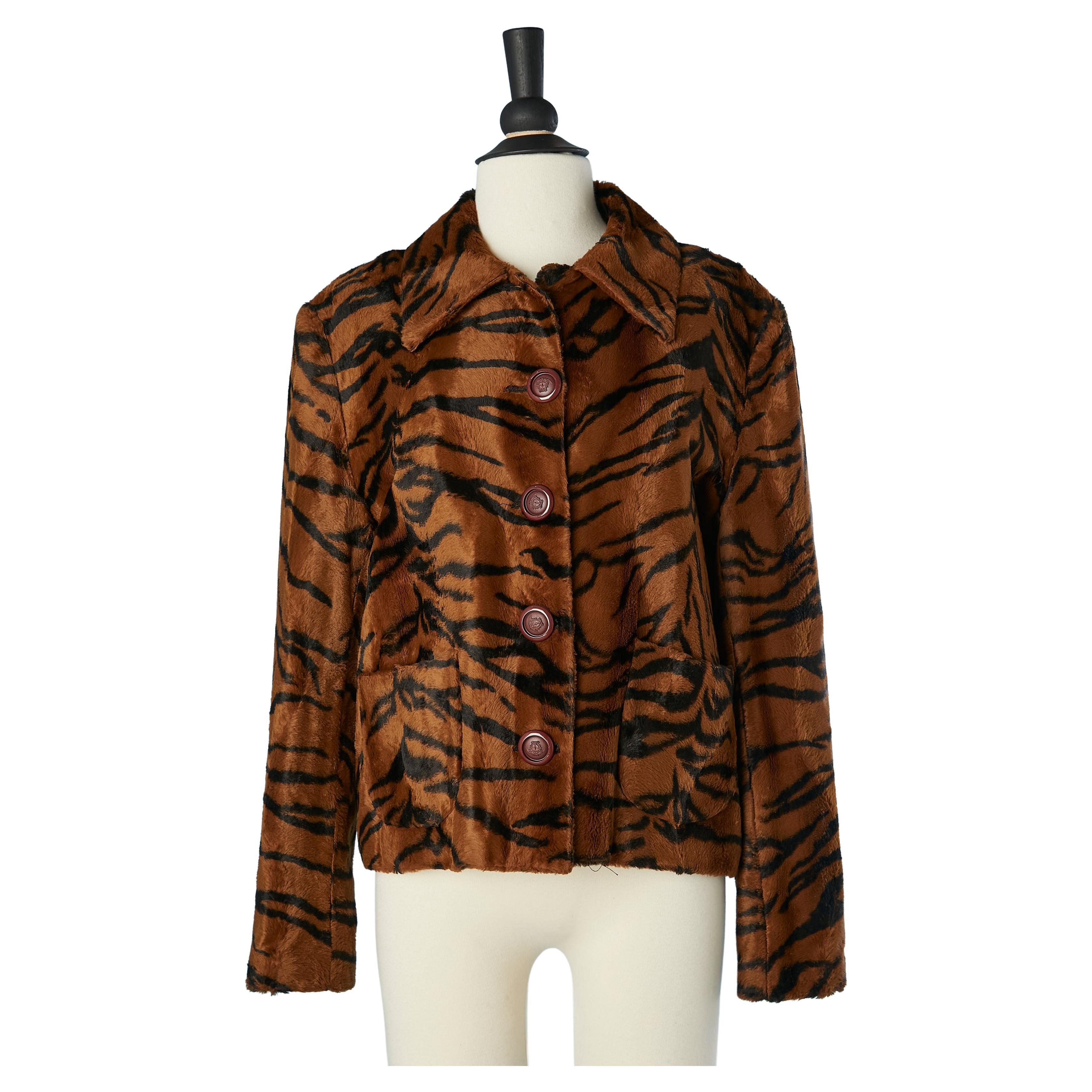 Versace Jeans Couture - Veste à simple boutonnage en fausse fourrure imprimée tigre  en vente