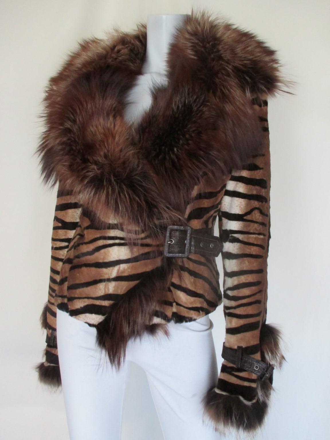 Tiger Printed Fur Jacket with Fox Fur Collar 5