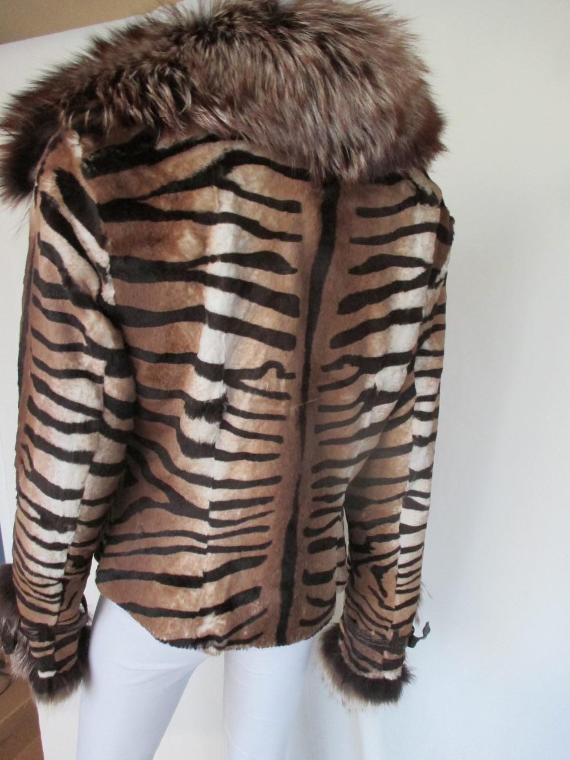 Black Tiger Printed Fur Jacket with Fox Fur Collar