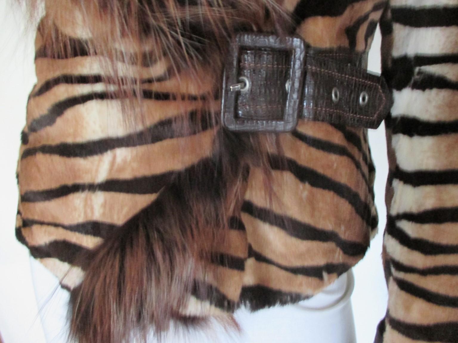 Tiger Printed Fur Jacket with Fox Fur Collar 1