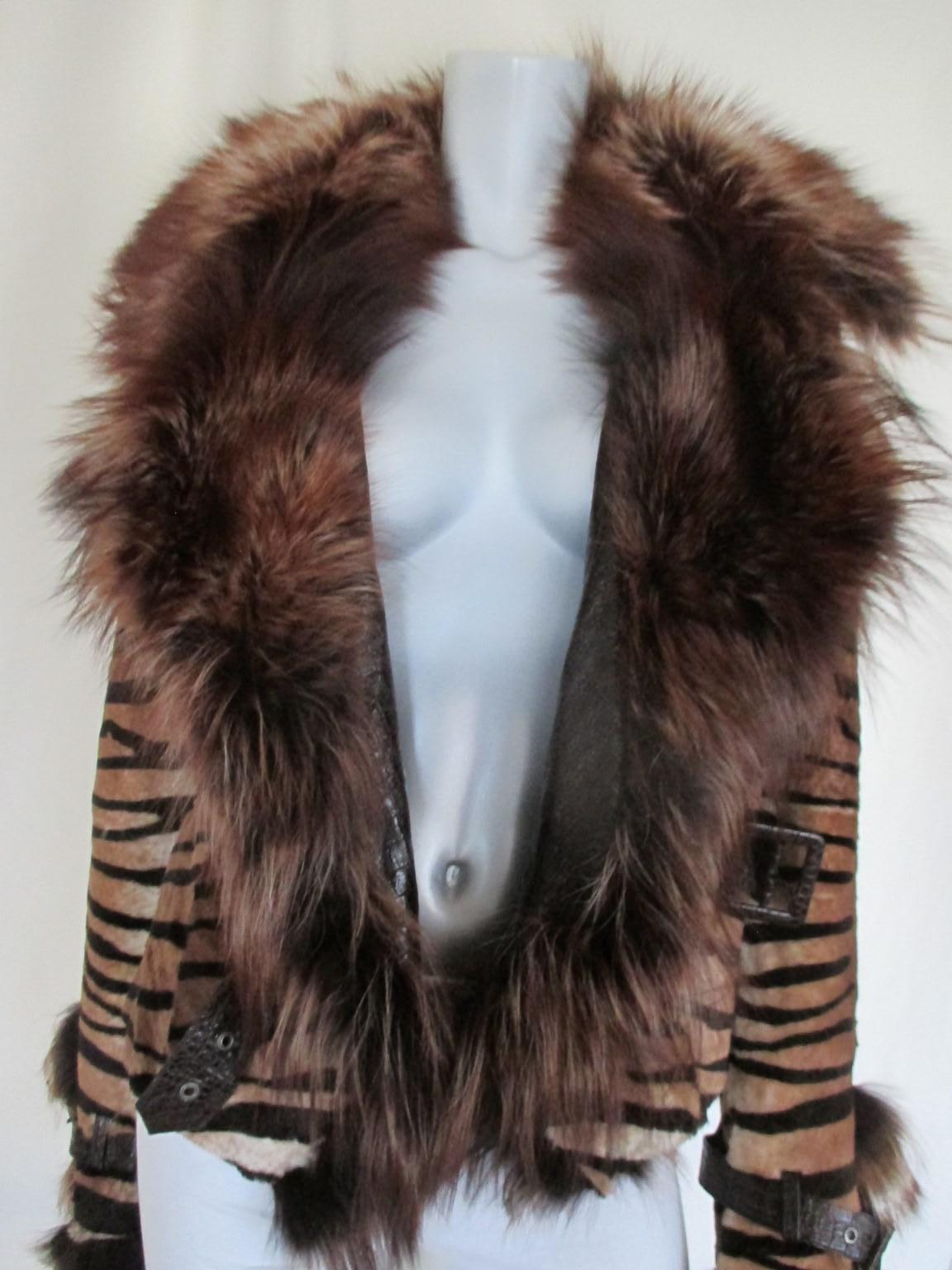 Tiger Printed Fur Jacket with Fox Fur Collar 2