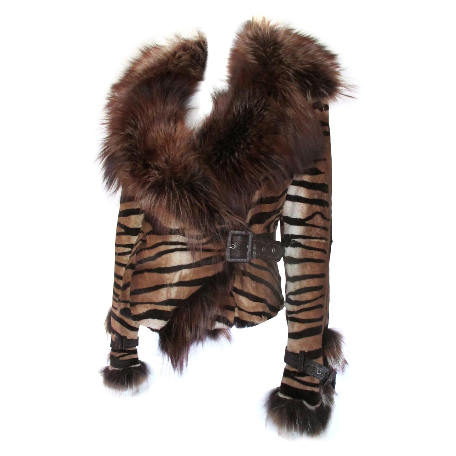 Tiger Printed Fur Jacket with Fox Fur Collar