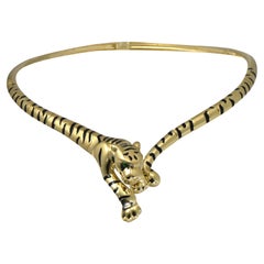 Tiger Rigid 14 Karat Yellow Gold Emerald and Black Enamel Necklace