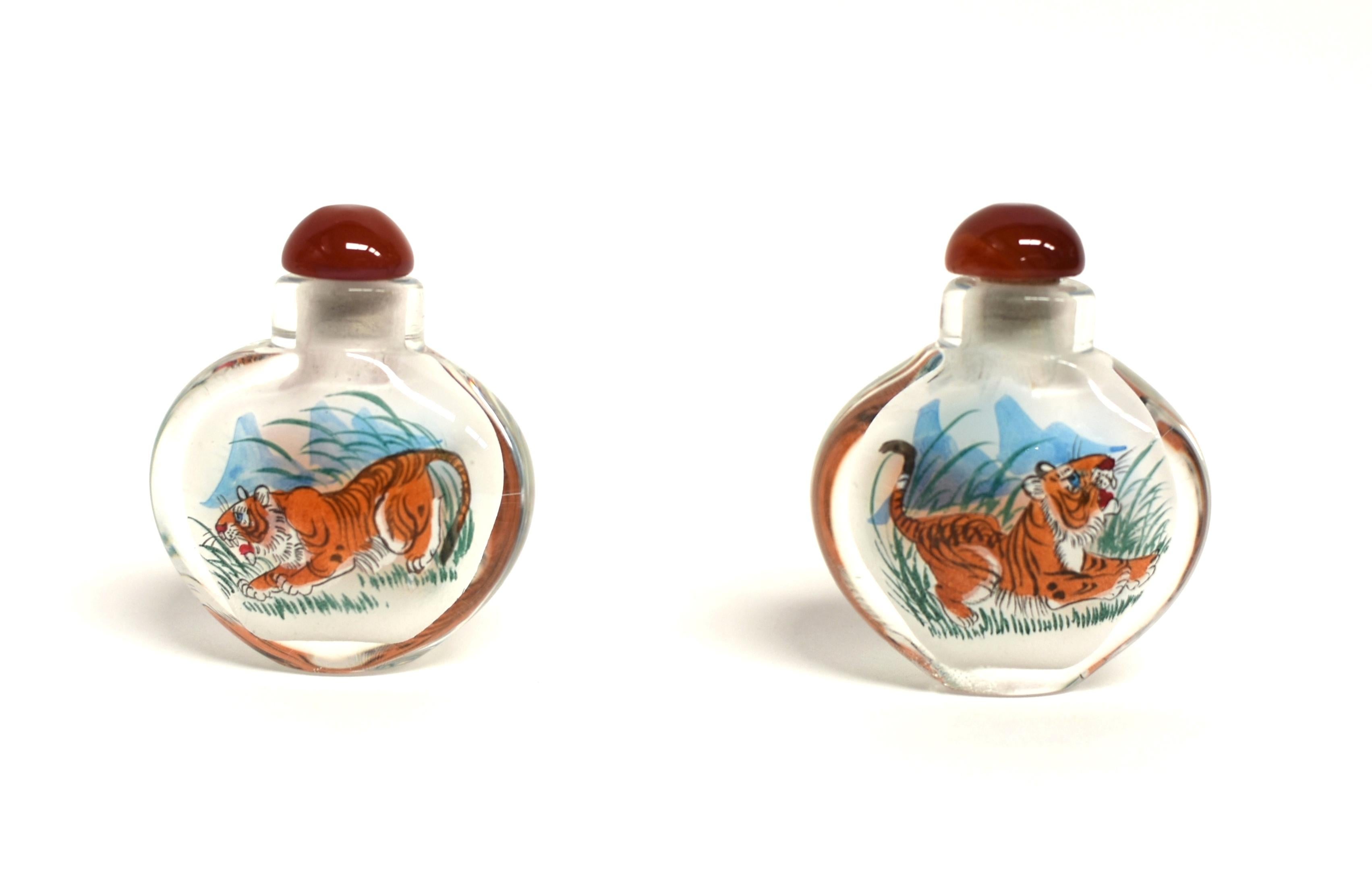 Chinese Tiger Snuff Bottles Églomisé Reverse Painted Set of 2 For Sale