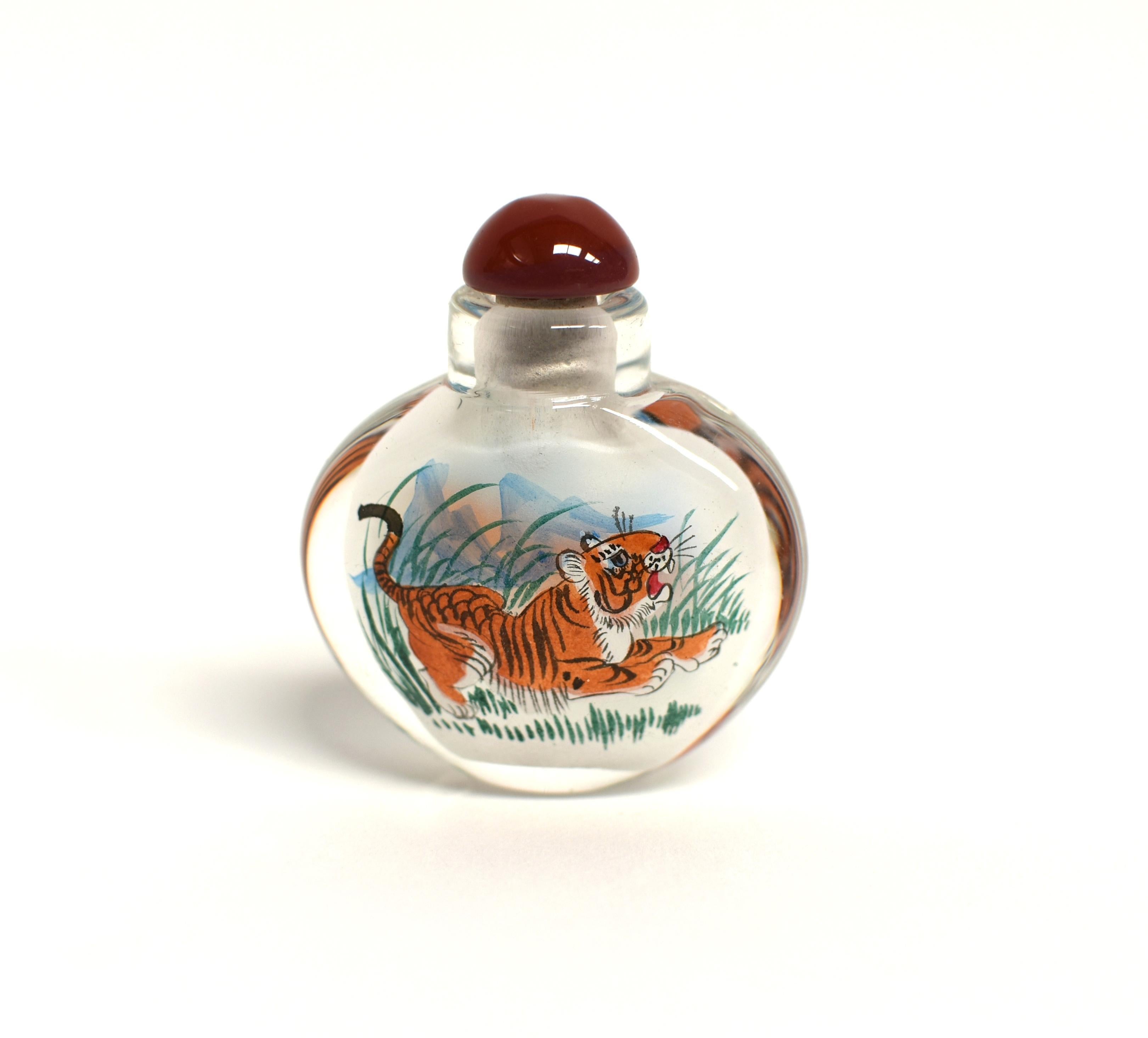 Agate Tiger Snuff Bottles Églomisé Reverse Painted Set of 2 For Sale