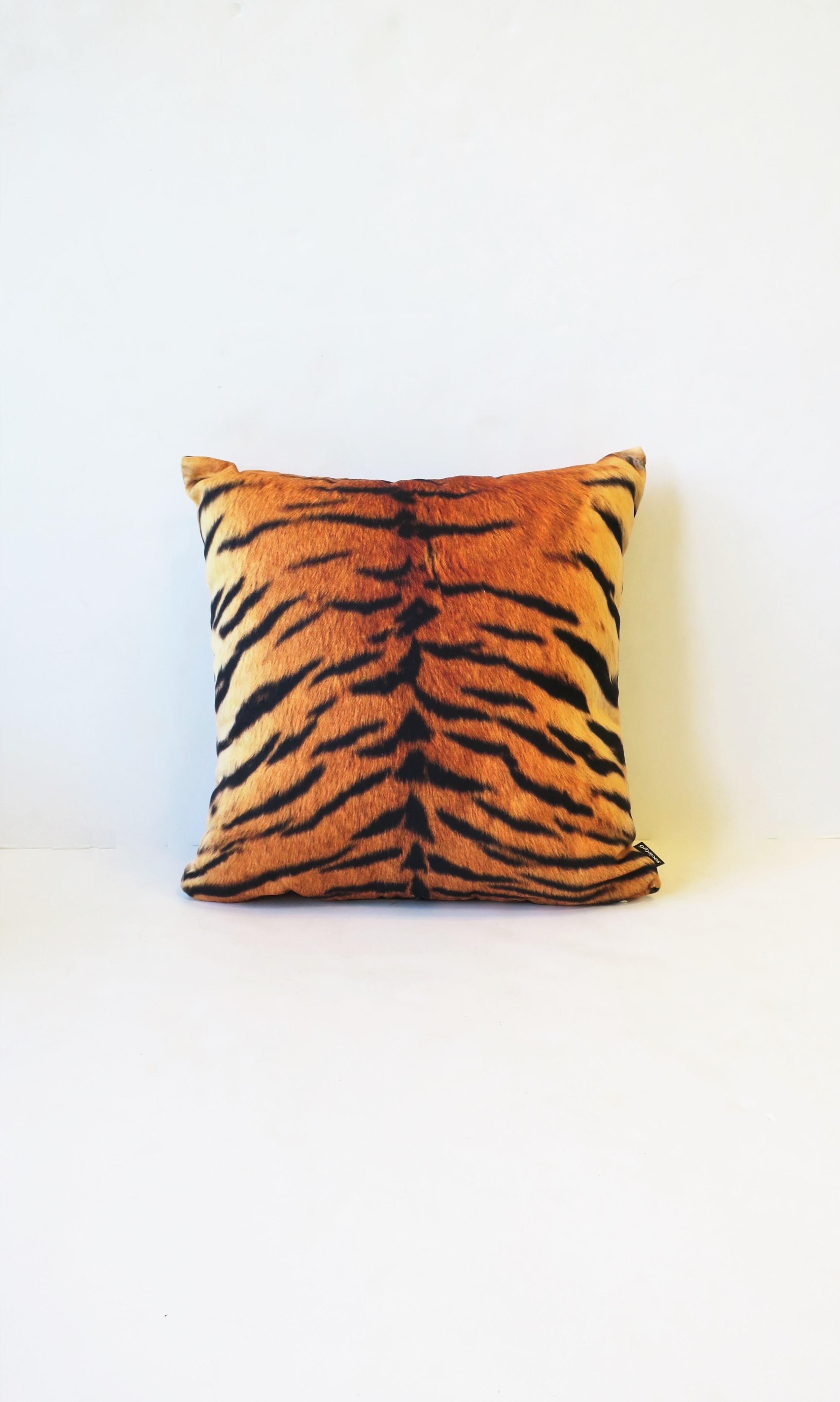 A new tiger cat animal print cotton throw pillow, with zipper and insert. In original wrapping (new/never used.) Made in the USA. Measures: 14