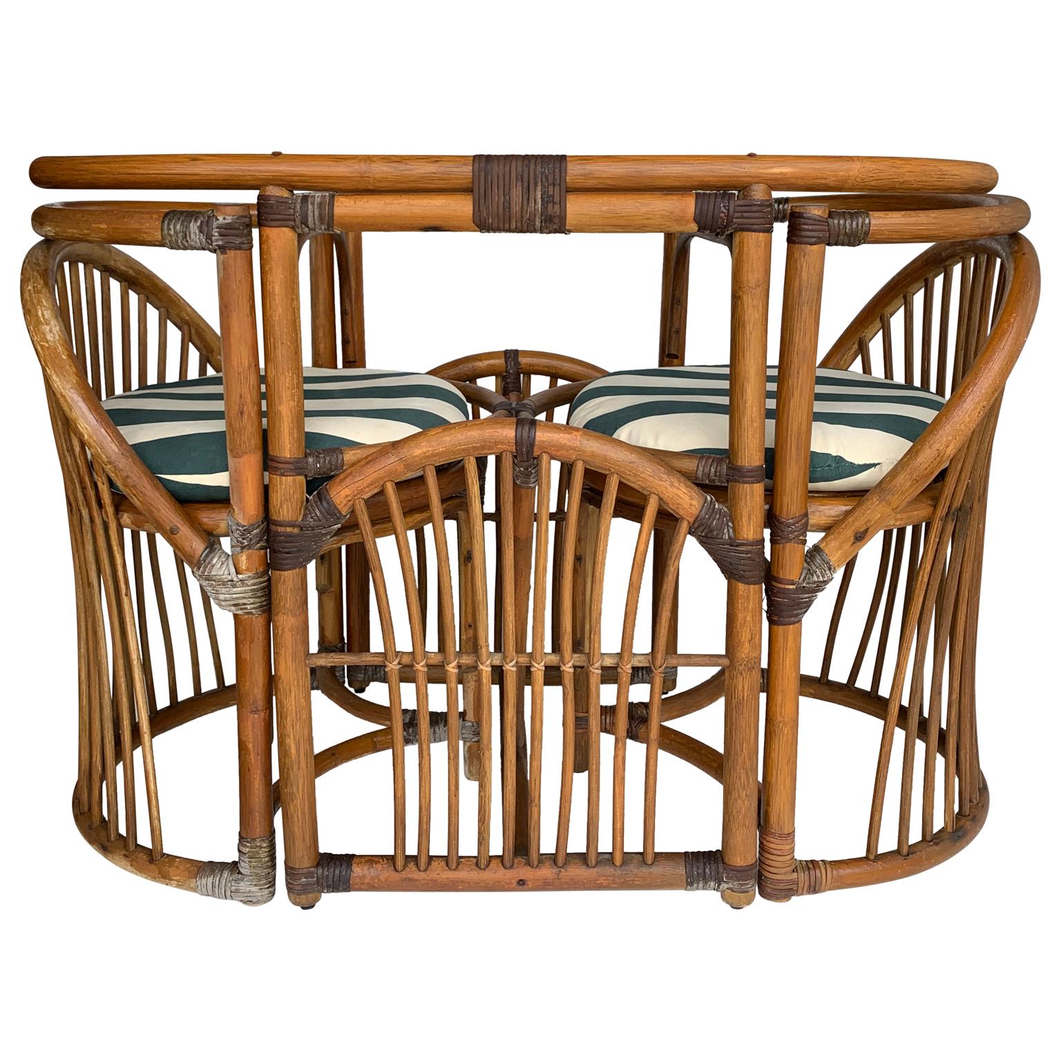 Patio dining table and two chairs, made in tiger wood bamboo rattan

Glass table-top ships separately, additional $225 charge applies and is offered in two different versions:
A: 24