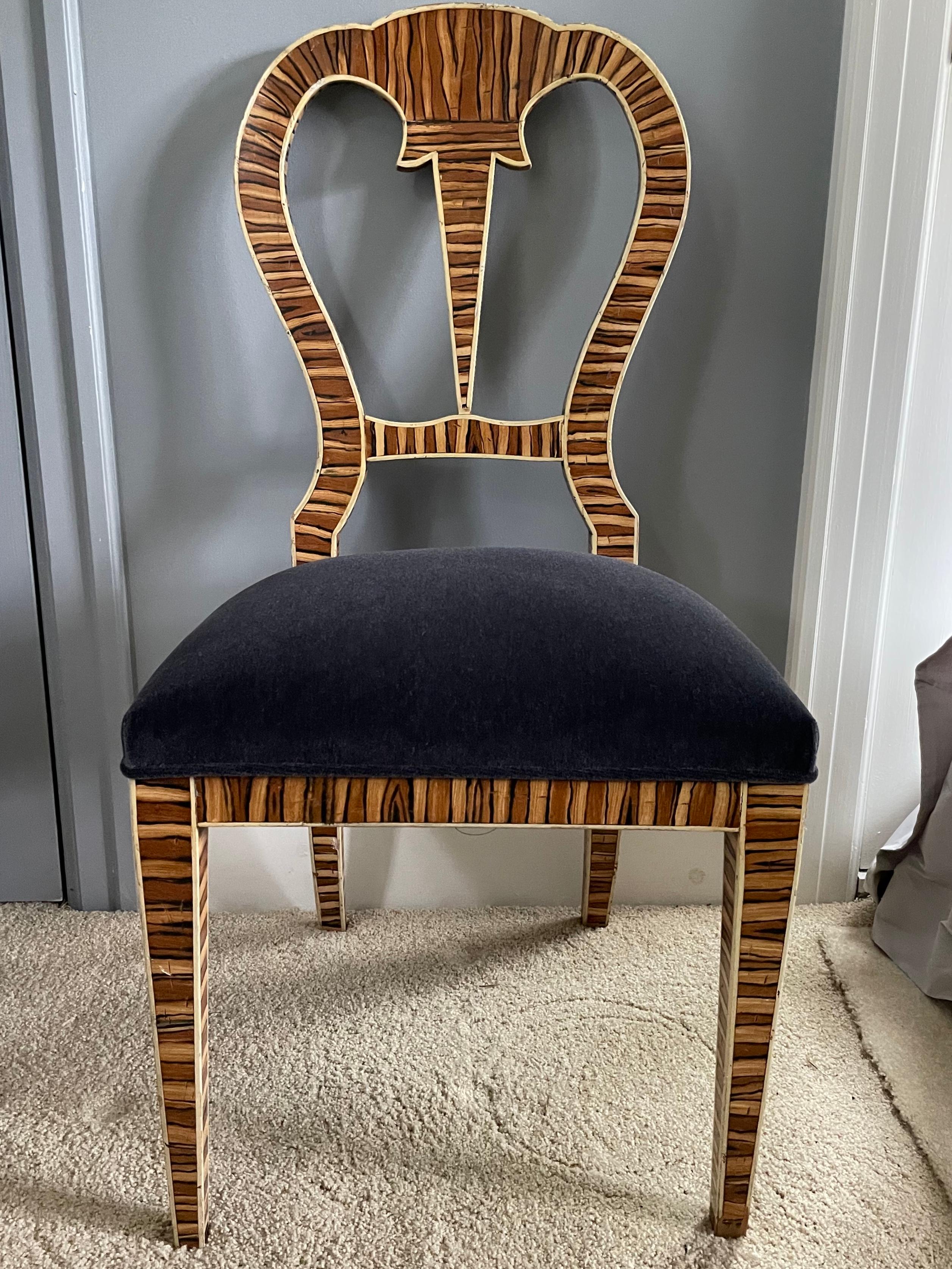 American Tiger Wood Side Chair with Blue Mohair For Sale