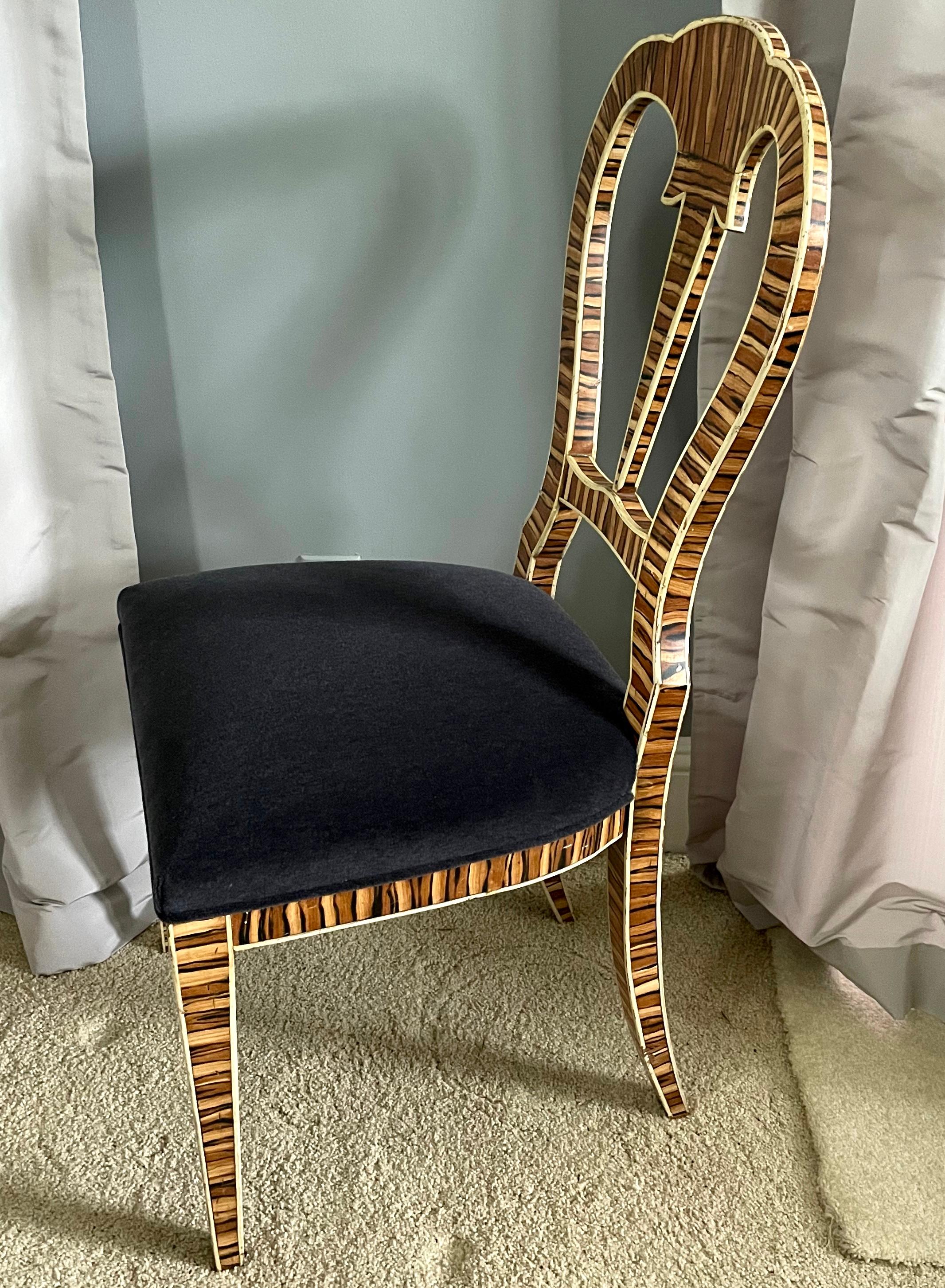 Hand-Painted Tiger Wood Side Chair with Blue Mohair For Sale