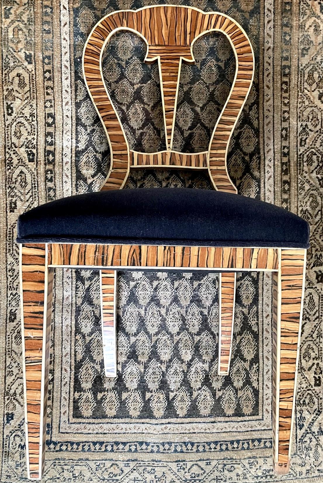 Tiger Wood Side Chair with Blue Mohair In Good Condition For Sale In New York, NY