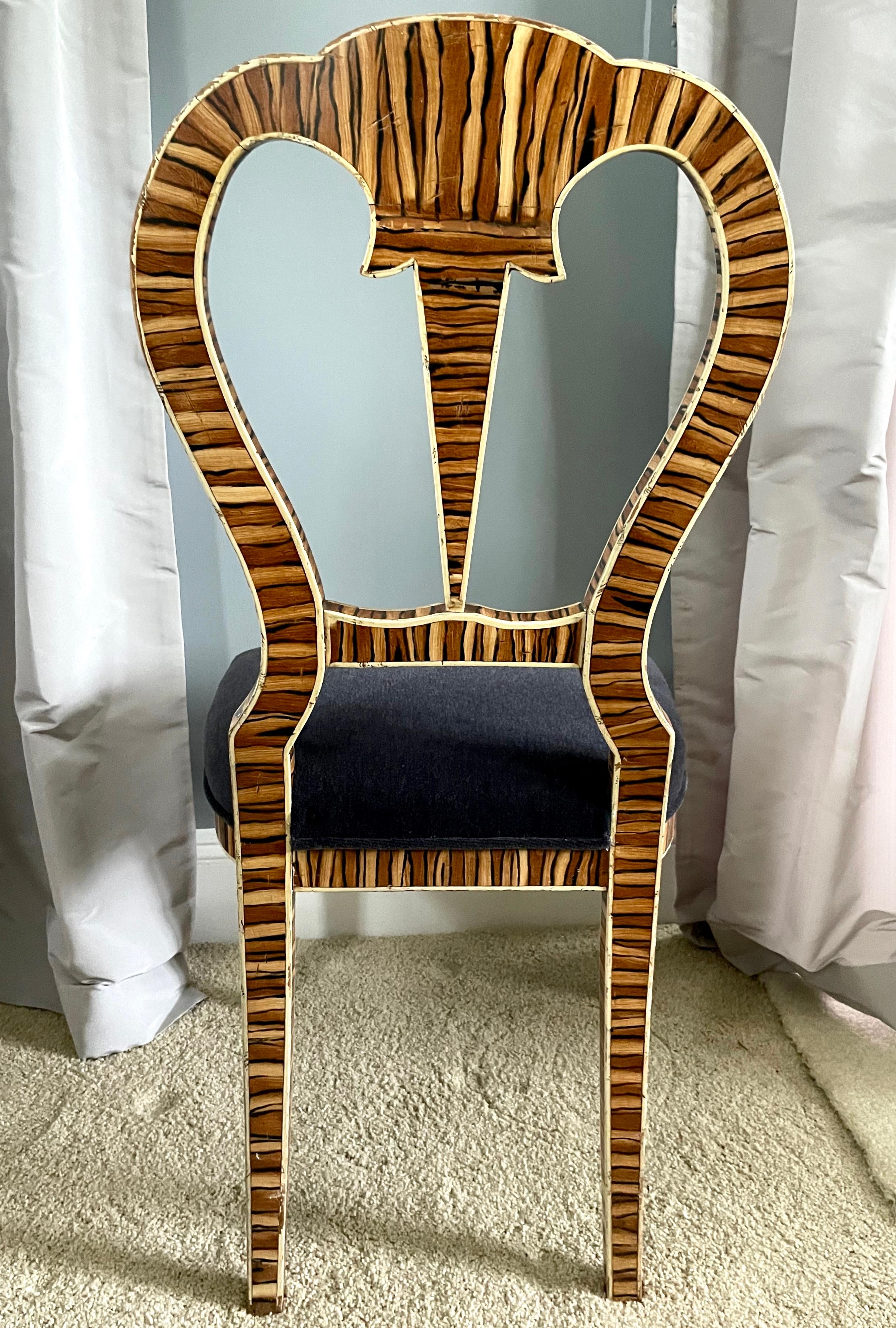 20th Century Tiger Wood Side Chair with Blue Mohair For Sale